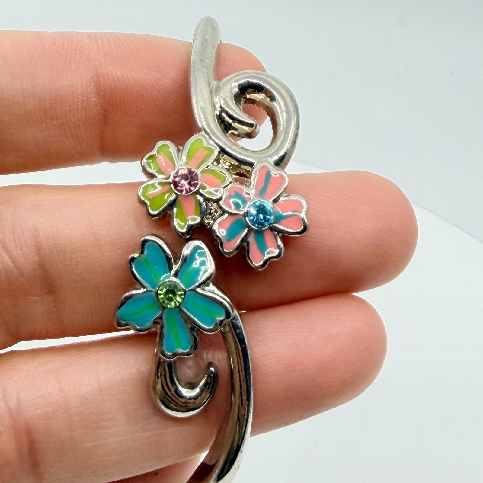 Vintage Y2K Silver Tone Enamel Floral Hinge Bangle Bracelet Colorful Rhinestones - Thumbnail 9