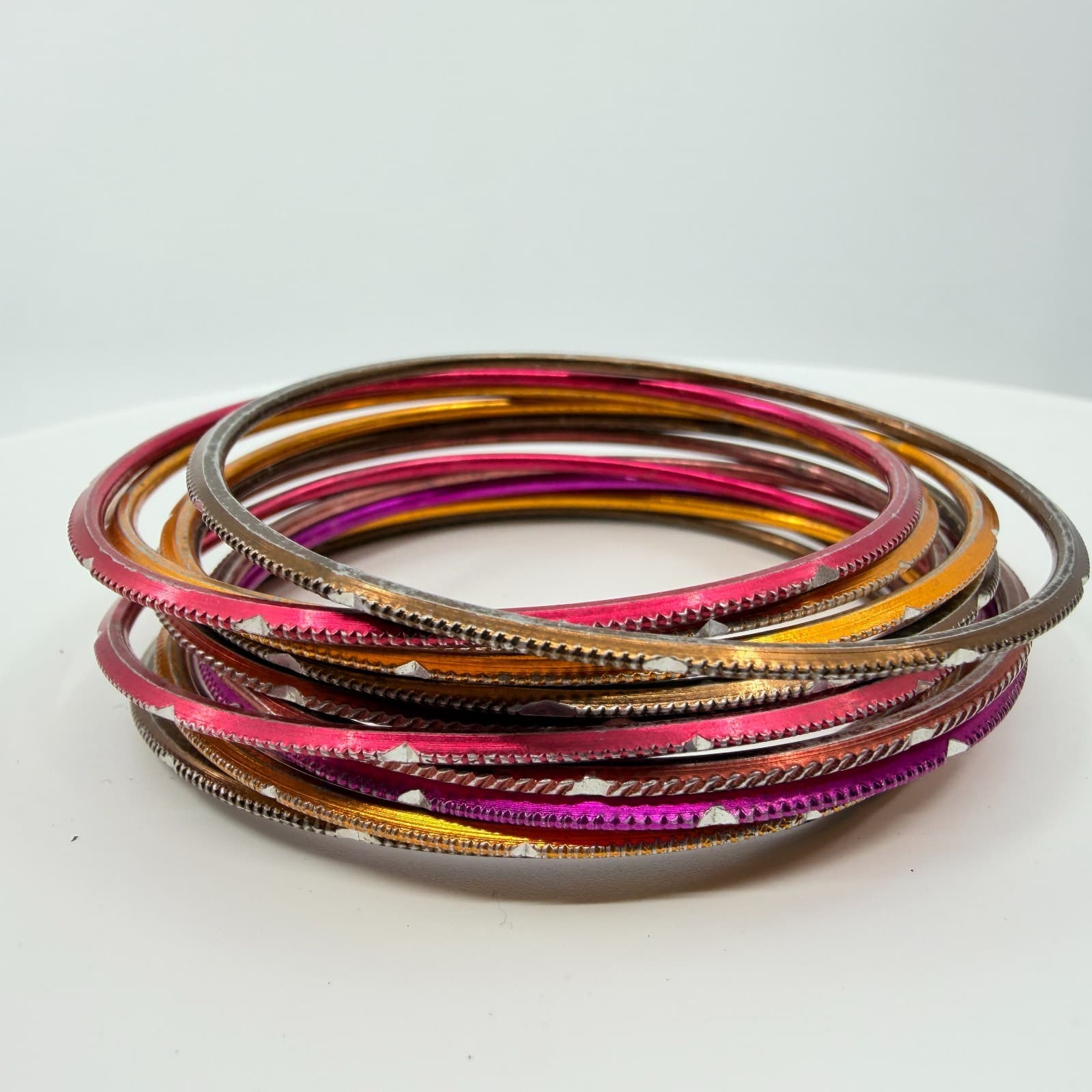 Vintage Y2K Colorful Textured Metal Bangle Bracelets Set Pink Orange Stack 12pc - Thumbnail 5