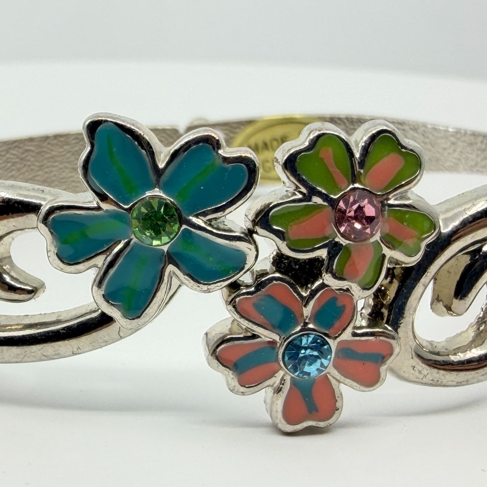 Vintage Y2K Silver Tone Enamel Floral Hinge Bangle Bracelet Colorful Rhinestones - Thumbnail 4