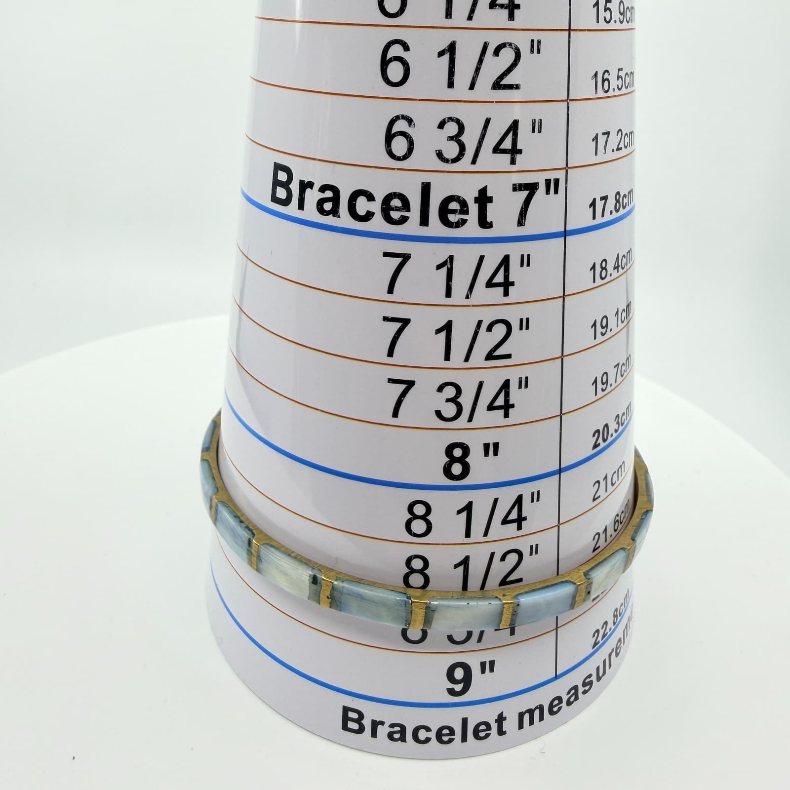 Vintage Brass Tone Blue Mother of Pearl Mosaic Bangle Bracelet Stackable Boho - Thumbnail 9