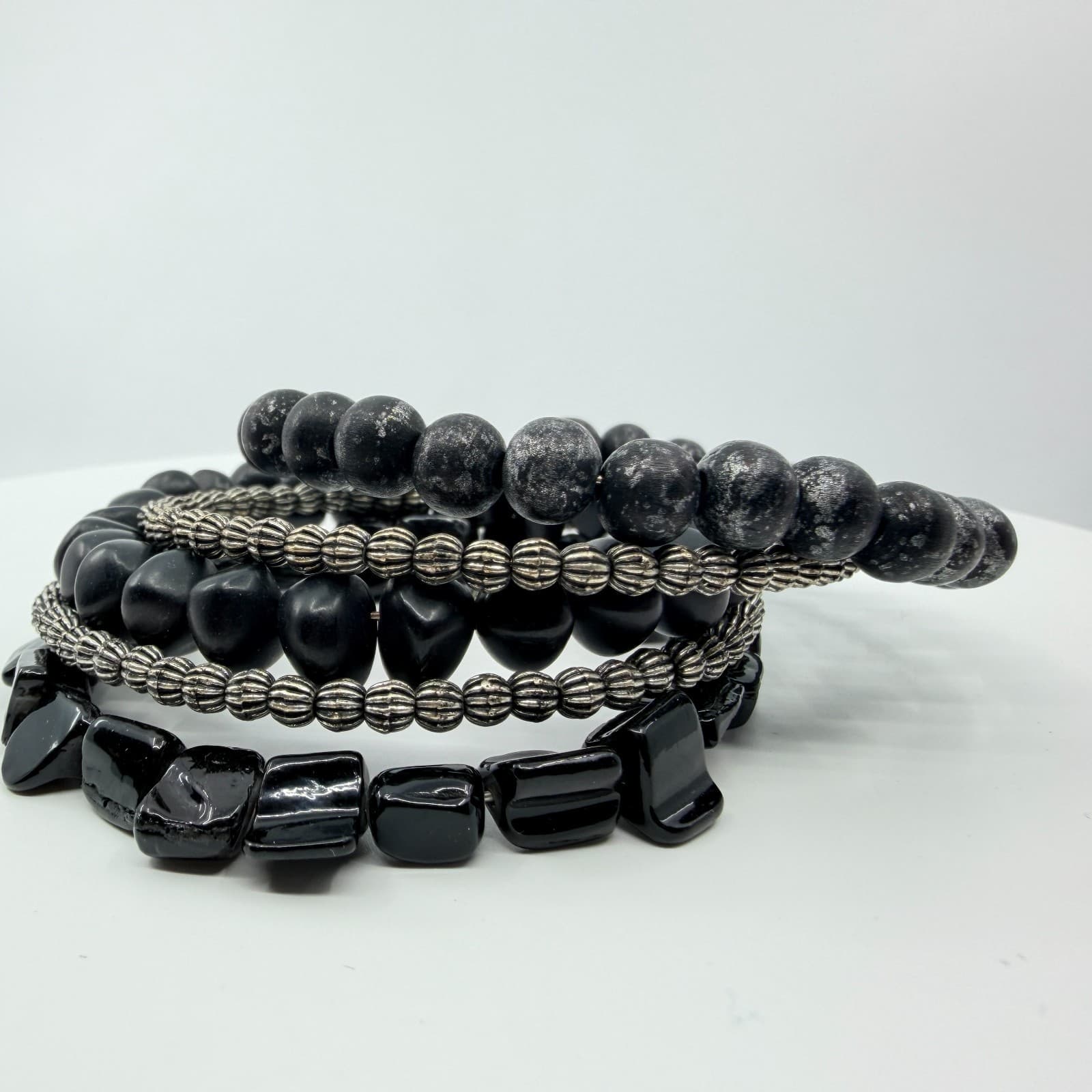 Vintage Gothic Black Memory Wire Wrap Bracelet Chunky Beaded Multi Strand Retro - Thumbnail 2