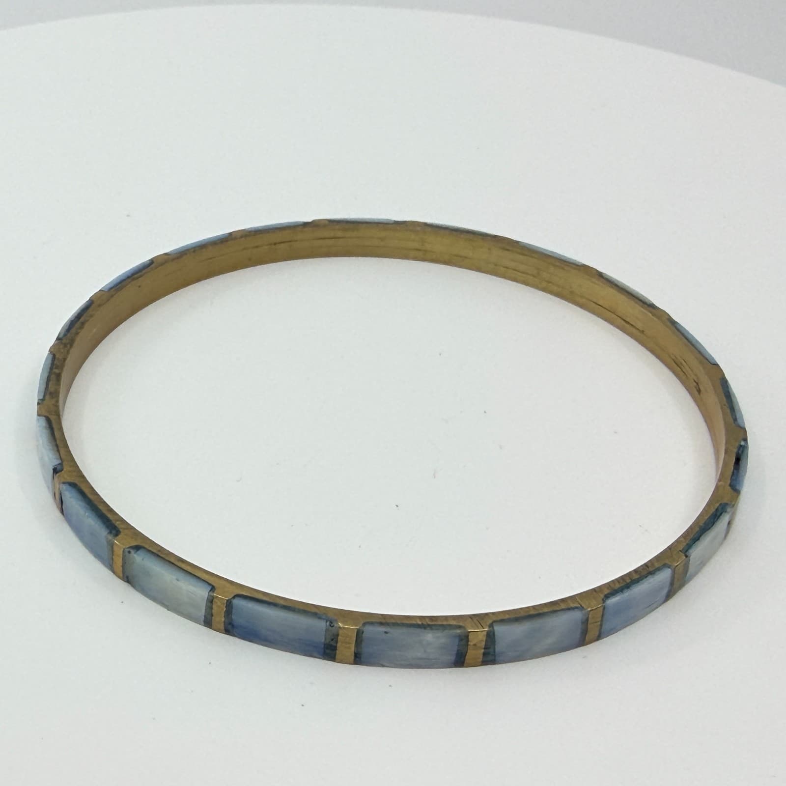 Vintage Brass Tone Blue Mother of Pearl Mosaic Bangle Bracelet Stackable Boho - Thumbnail 5
