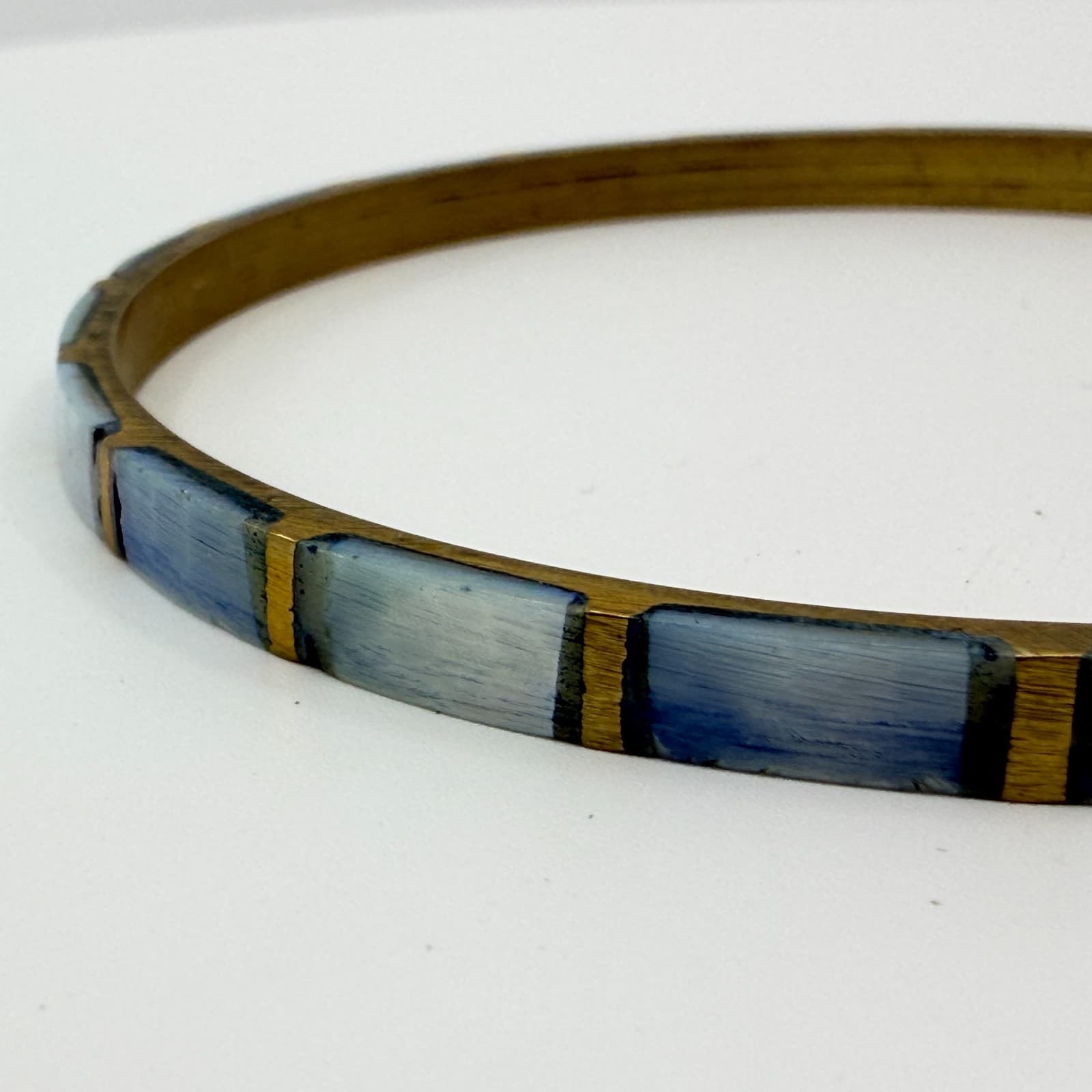 Vintage Brass Tone Blue Mother of Pearl Mosaic Bangle Bracelet Stackable Boho - Thumbnail 4