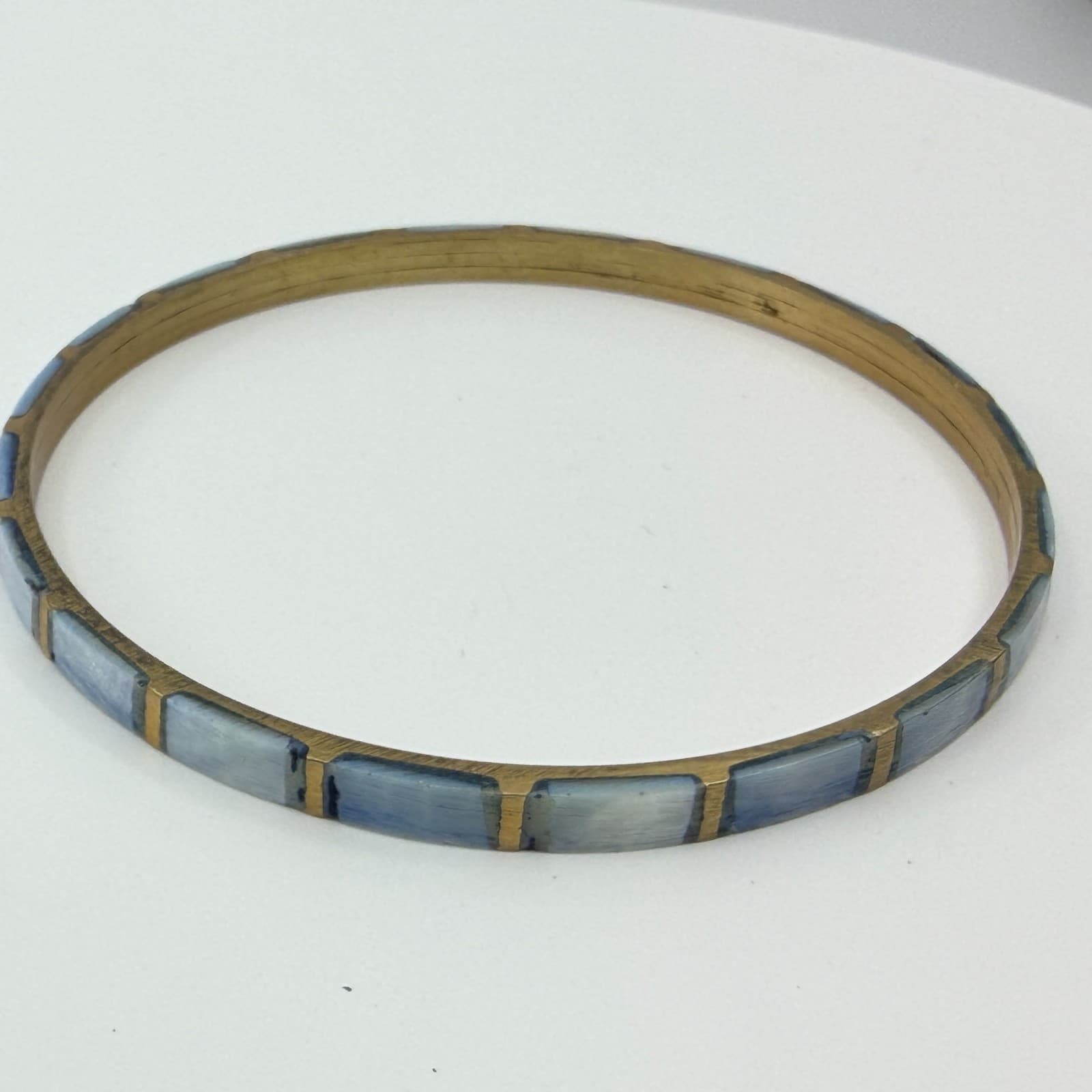 Vintage Brass Tone Blue Mother of Pearl Mosaic Bangle Bracelet Stackable Boho - Thumbnail 7