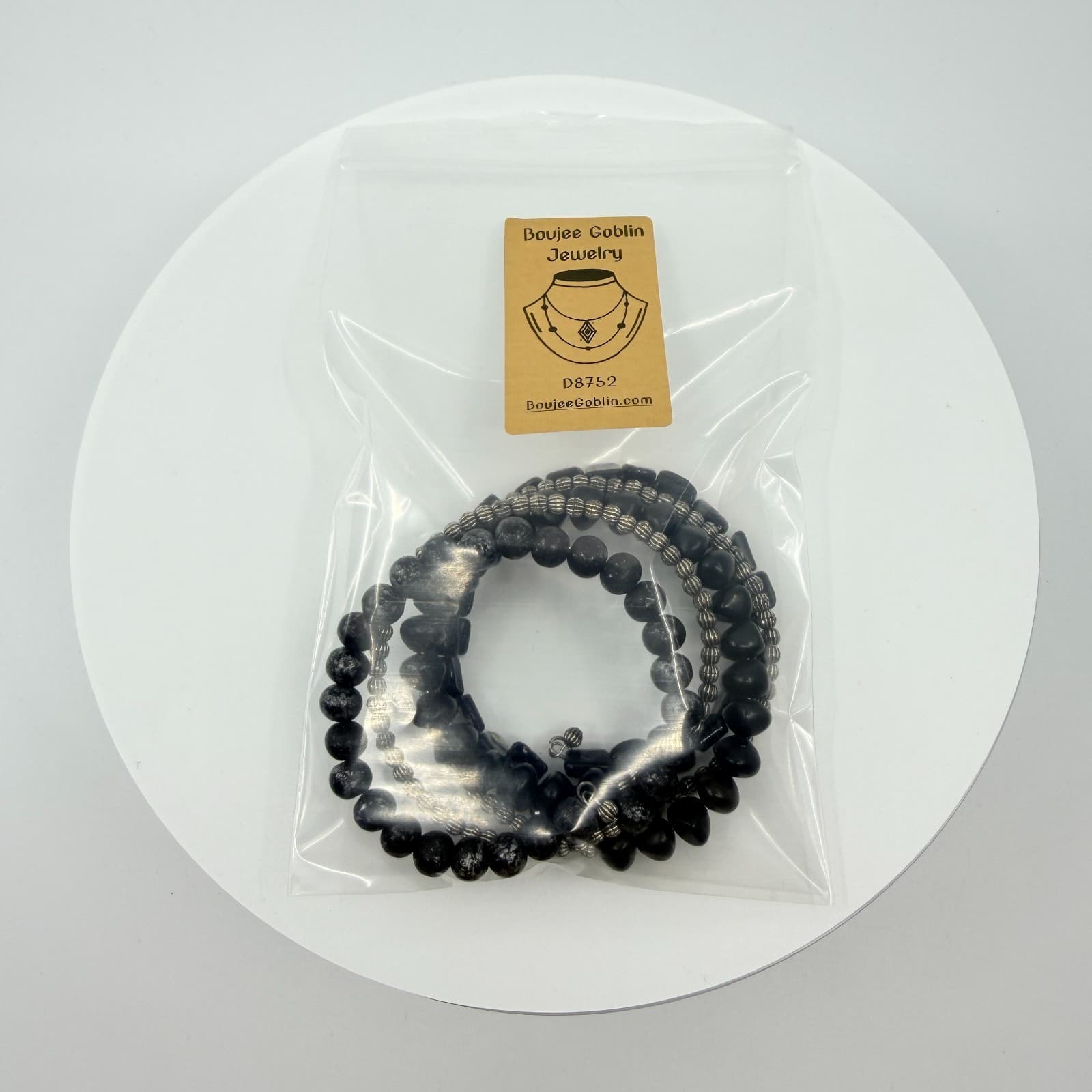 Vintage Gothic Black Memory Wire Wrap Bracelet Chunky Beaded Multi Strand Retro - Thumbnail 8