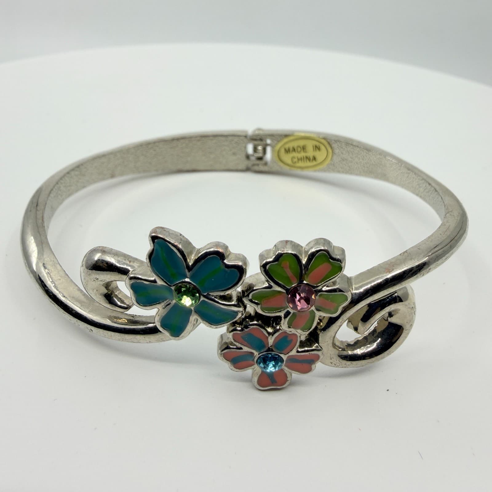 Vintage Y2K Silver Tone Enamel Floral Hinge Bangle Bracelet Colorful Rhinestones - Thumbnail 2
