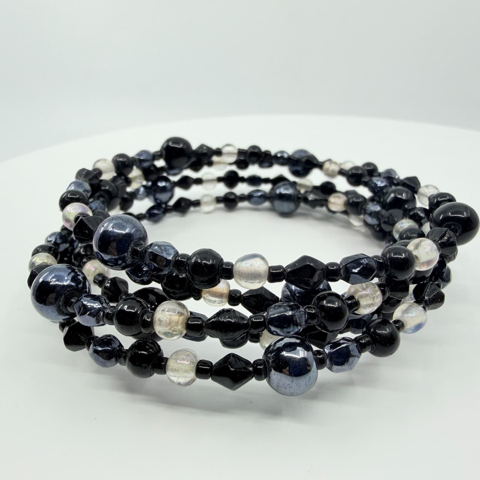 Vintage Y2K Black Gunmetal Clear Beaded Multi Layer Wrap Memory Wire Bracelet - Thumbnail 8