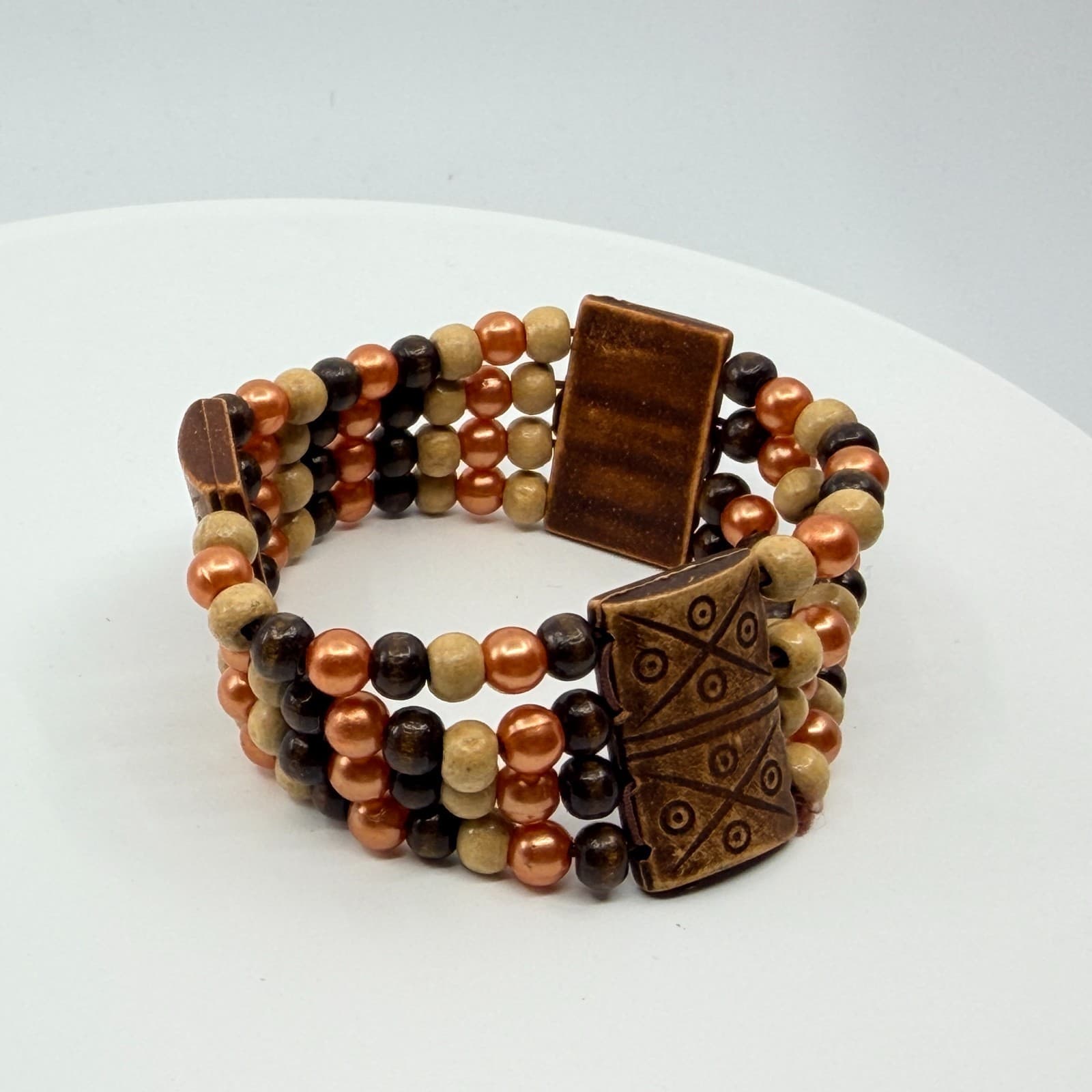 Vintage Multi Strand Wood Bead Cuff Bracelet Brown Copper Tone Tribal Boho Retro - Thumbnail 7