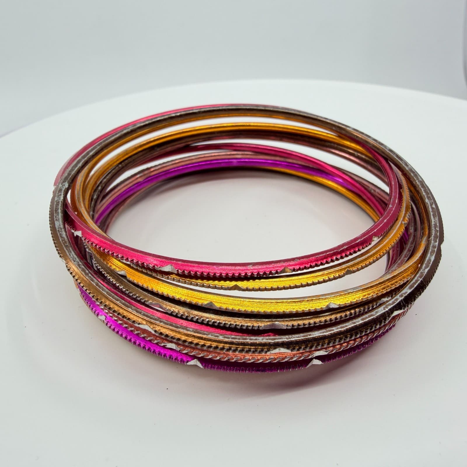 Vintage Y2K Colorful Textured Metal Bangle Bracelets Set Pink Orange Stack 12pc - Thumbnail 7