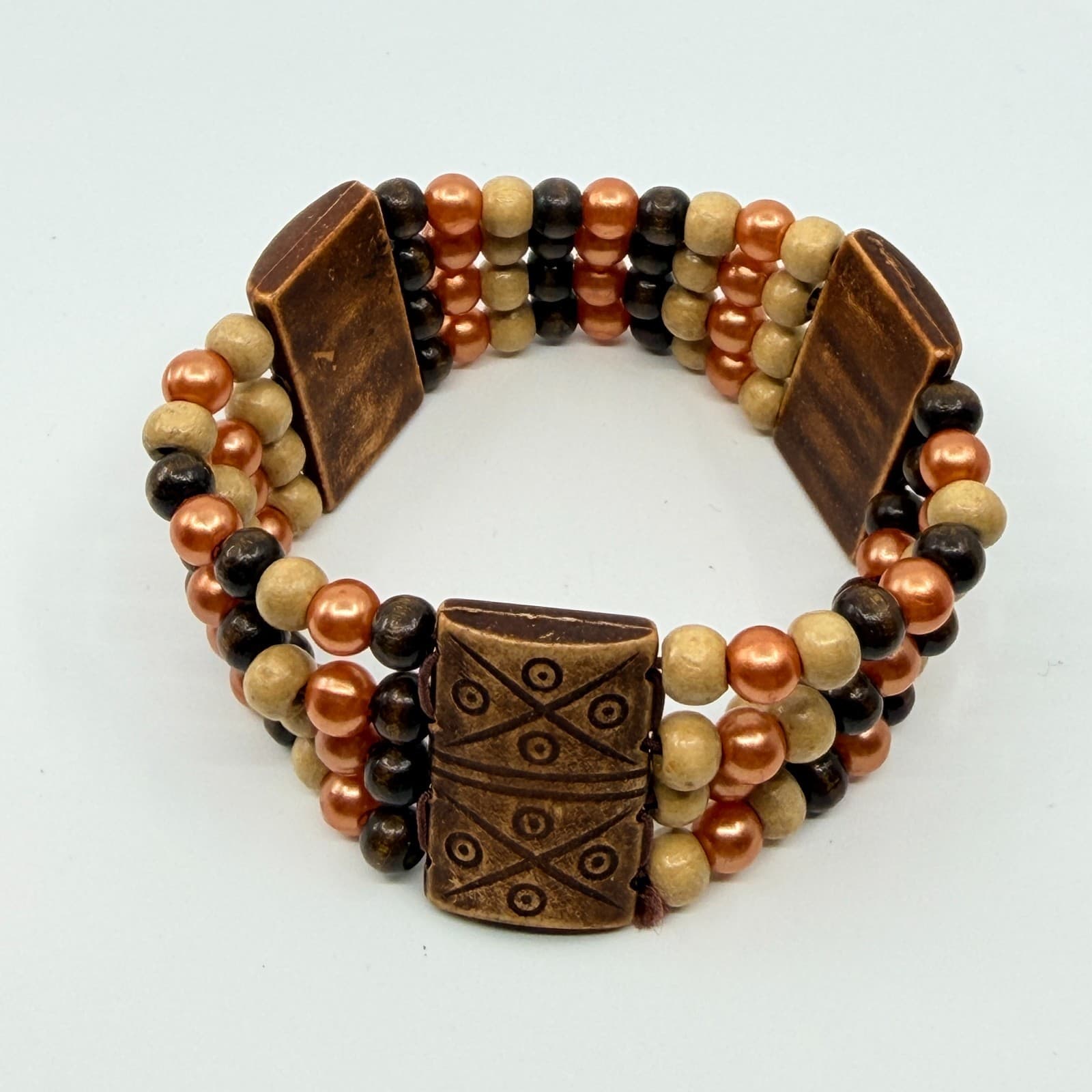 Vintage Multi Strand Wood Bead Cuff Bracelet Brown Copper Tone Tribal Boho Retro - Thumbnail 3
