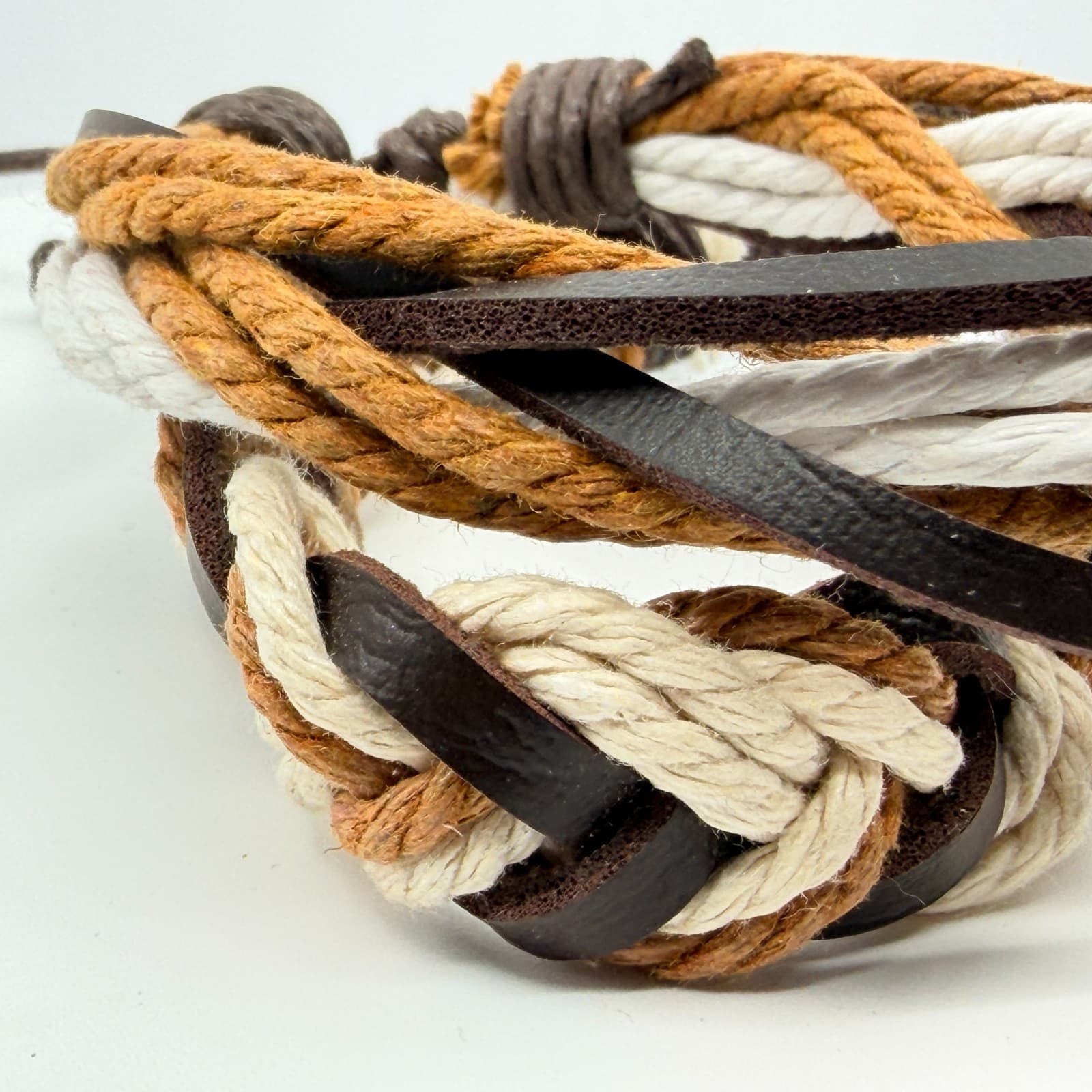 Vintage Boho Multi Strand Leather Rope Bracelet Brown Cream Stacked Unisex Retro - Thumbnail 6