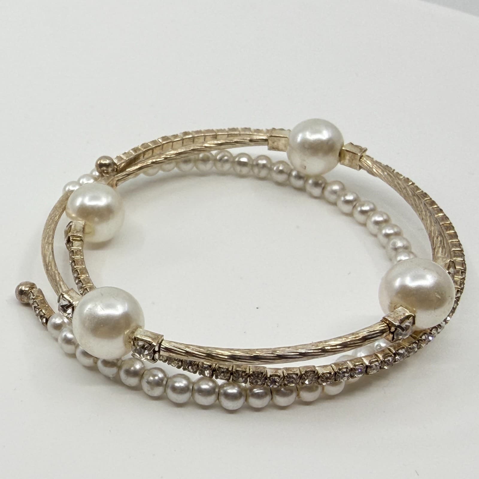 Vintage Faux Pearl Rhinestone Coil Wrap Bracelet Gold Tone Layered Cuff Retro - Thumbnail 7