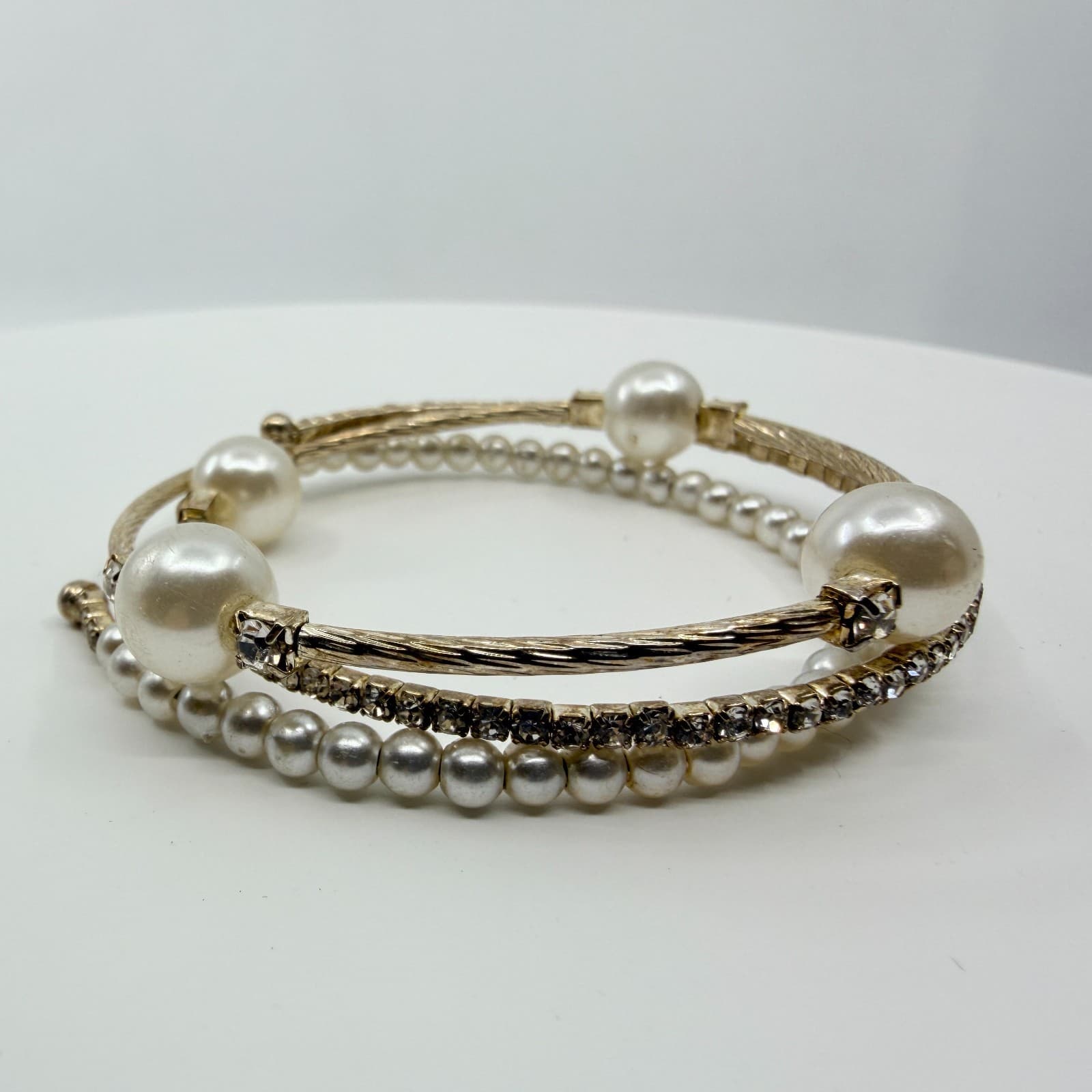 Vintage Faux Pearl Rhinestone Coil Wrap Bracelet Gold Tone Layered Cuff Retro - Thumbnail 3