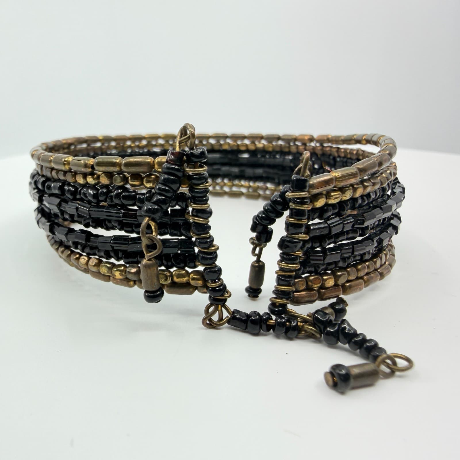 Vintage Y2K Gothic Black Seed Bead Bronze Multi Strand Wide Cuff Bracelet Retro - Thumbnail 4