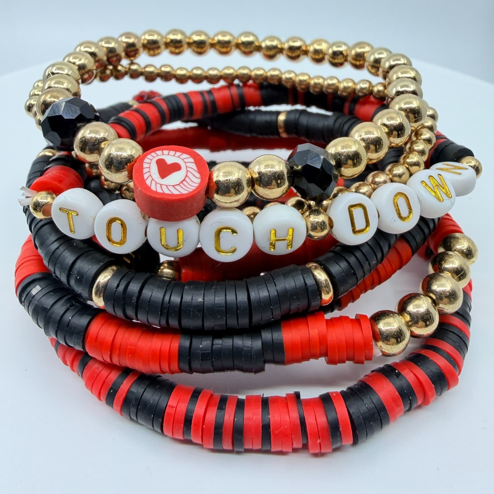 Vintage Game Day Football Touchdown Beaded Stretch Bracelets Red Black Stack Set - Thumbnail 2