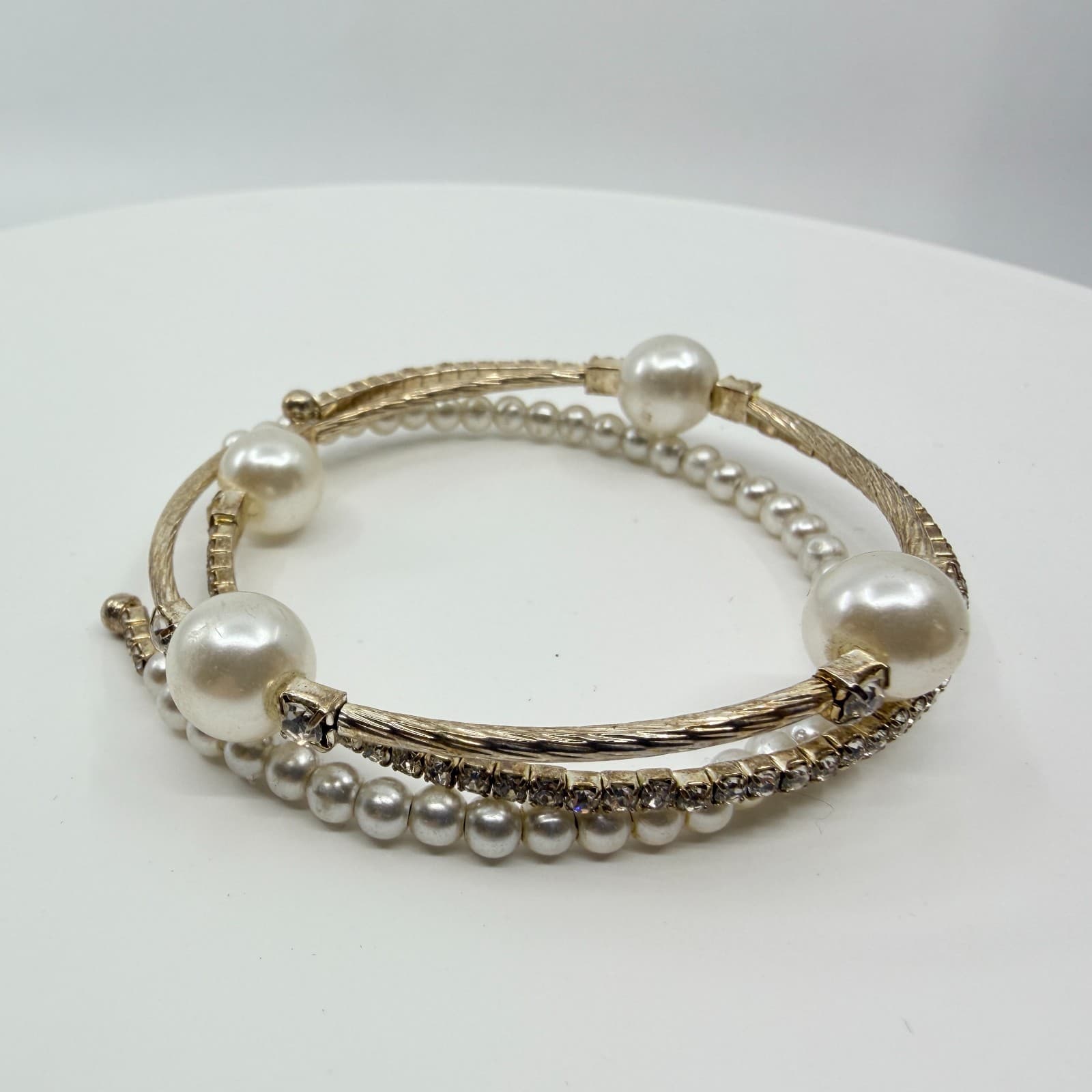 Vintage Faux Pearl Rhinestone Coil Wrap Bracelet Gold Tone Layered Cuff Retro - Thumbnail 4