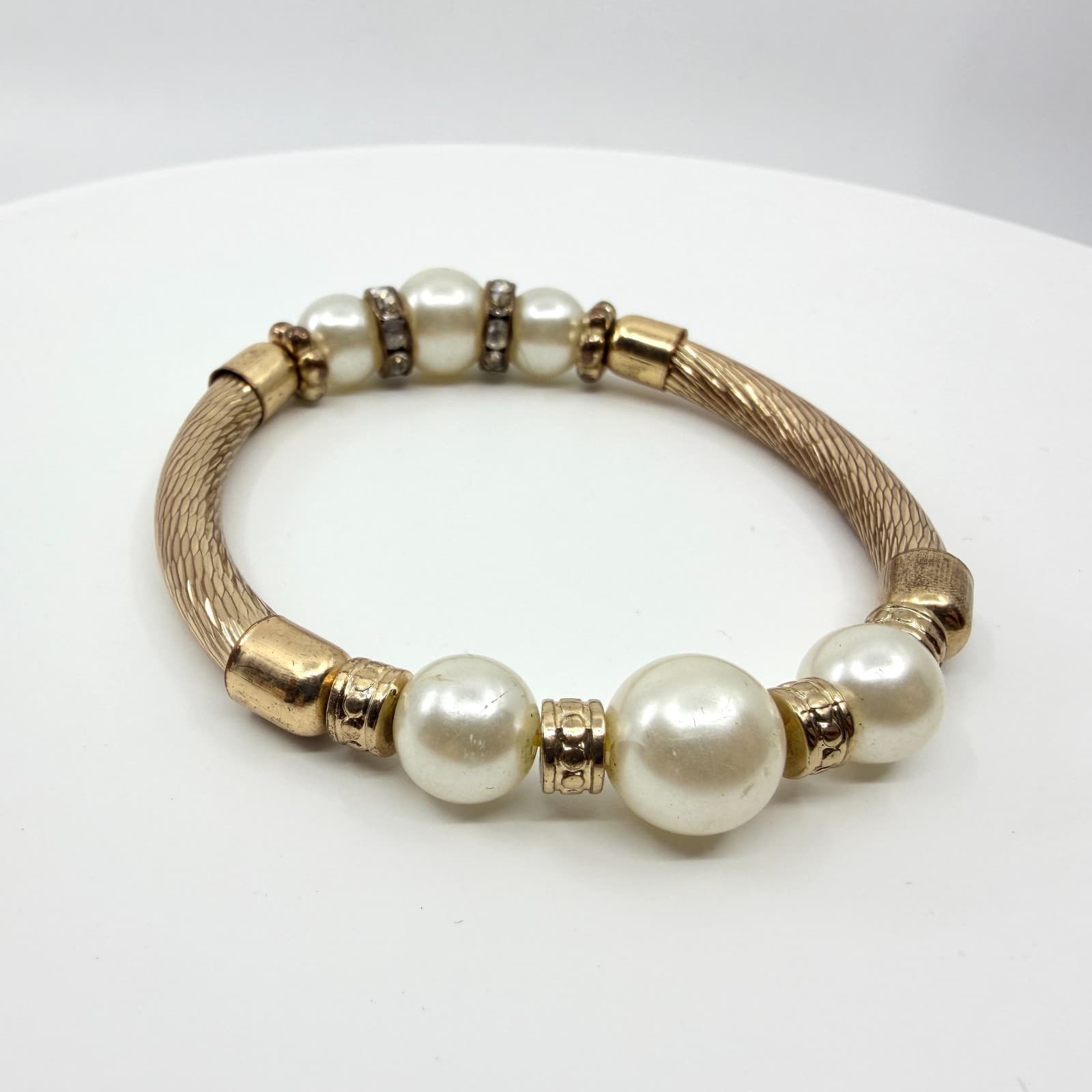 Vintage Faux Pearl Textured Cable Stretch Bracelet Gold Tone Rhinestone Accent - Thumbnail 2