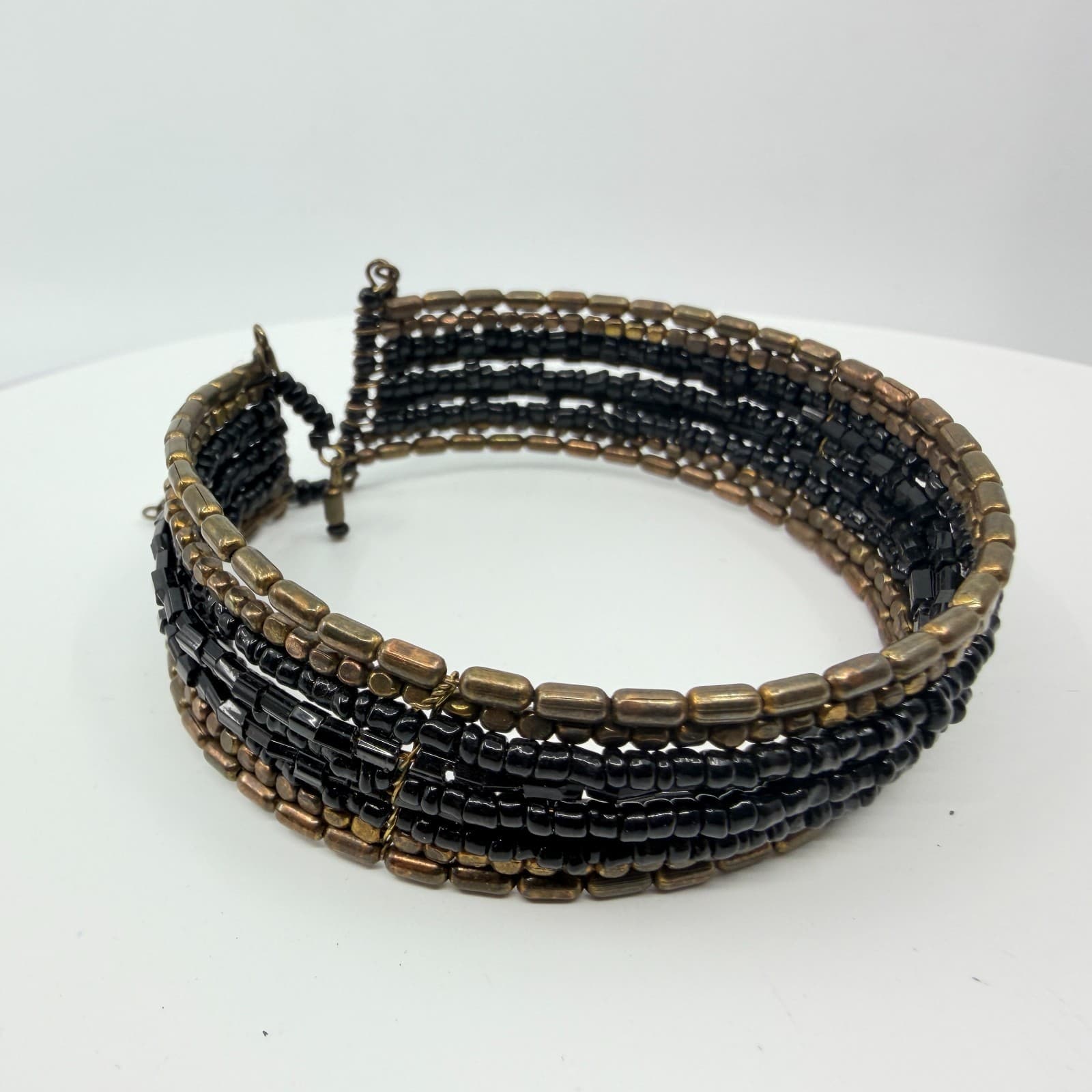 Vintage Y2K Gothic Black Seed Bead Bronze Multi Strand Wide Cuff Bracelet Retro - Thumbnail 7