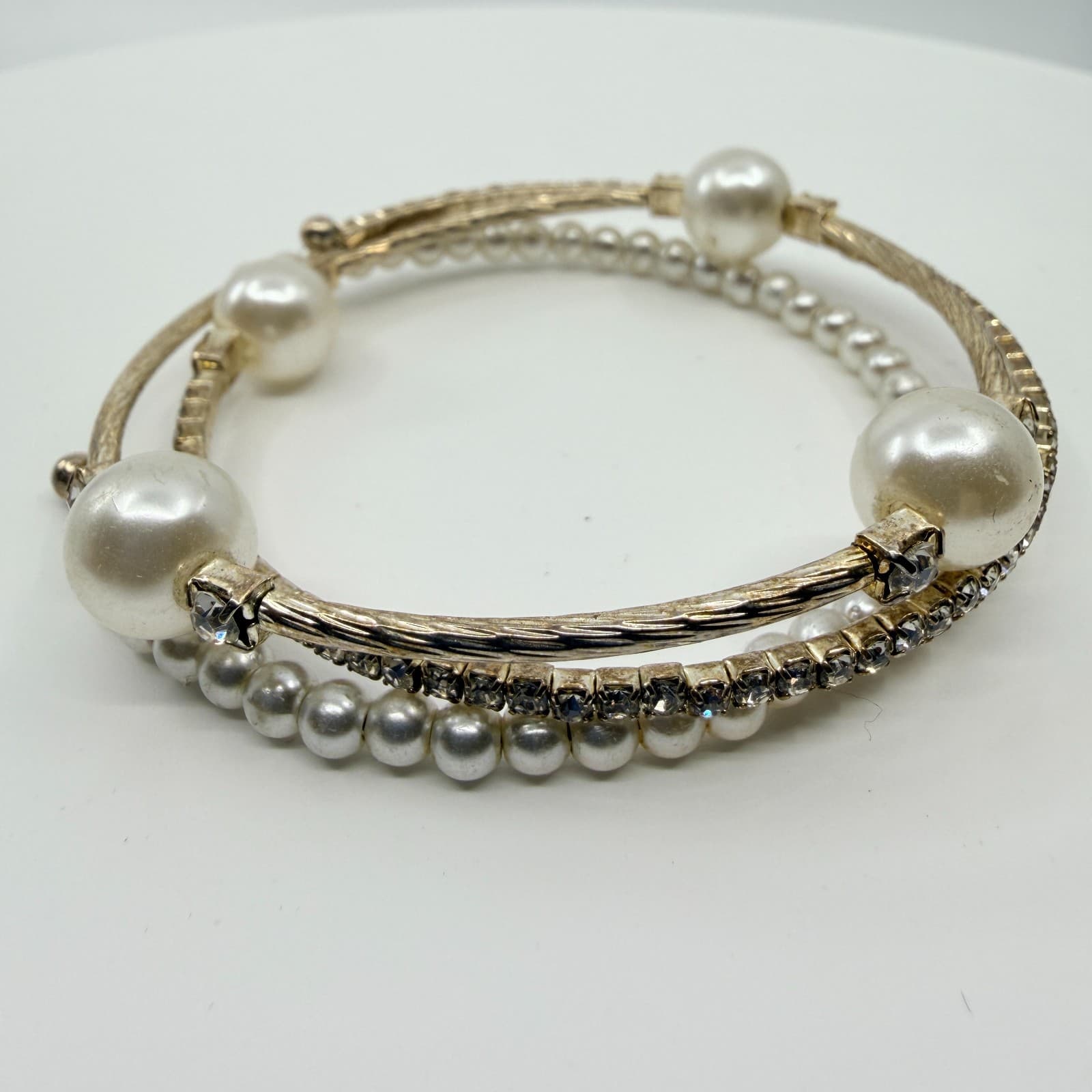 Vintage Faux Pearl Rhinestone Coil Wrap Bracelet Gold Tone Layered Cuff Retro - Thumbnail 2
