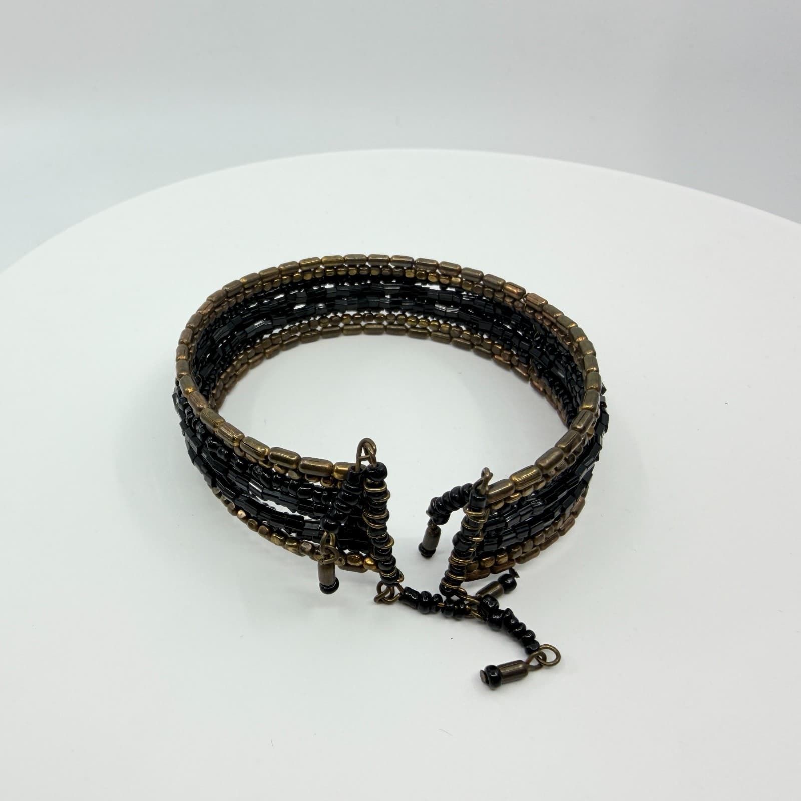 Vintage Y2K Gothic Black Seed Bead Bronze Multi Strand Wide Cuff Bracelet Retro - Thumbnail 5