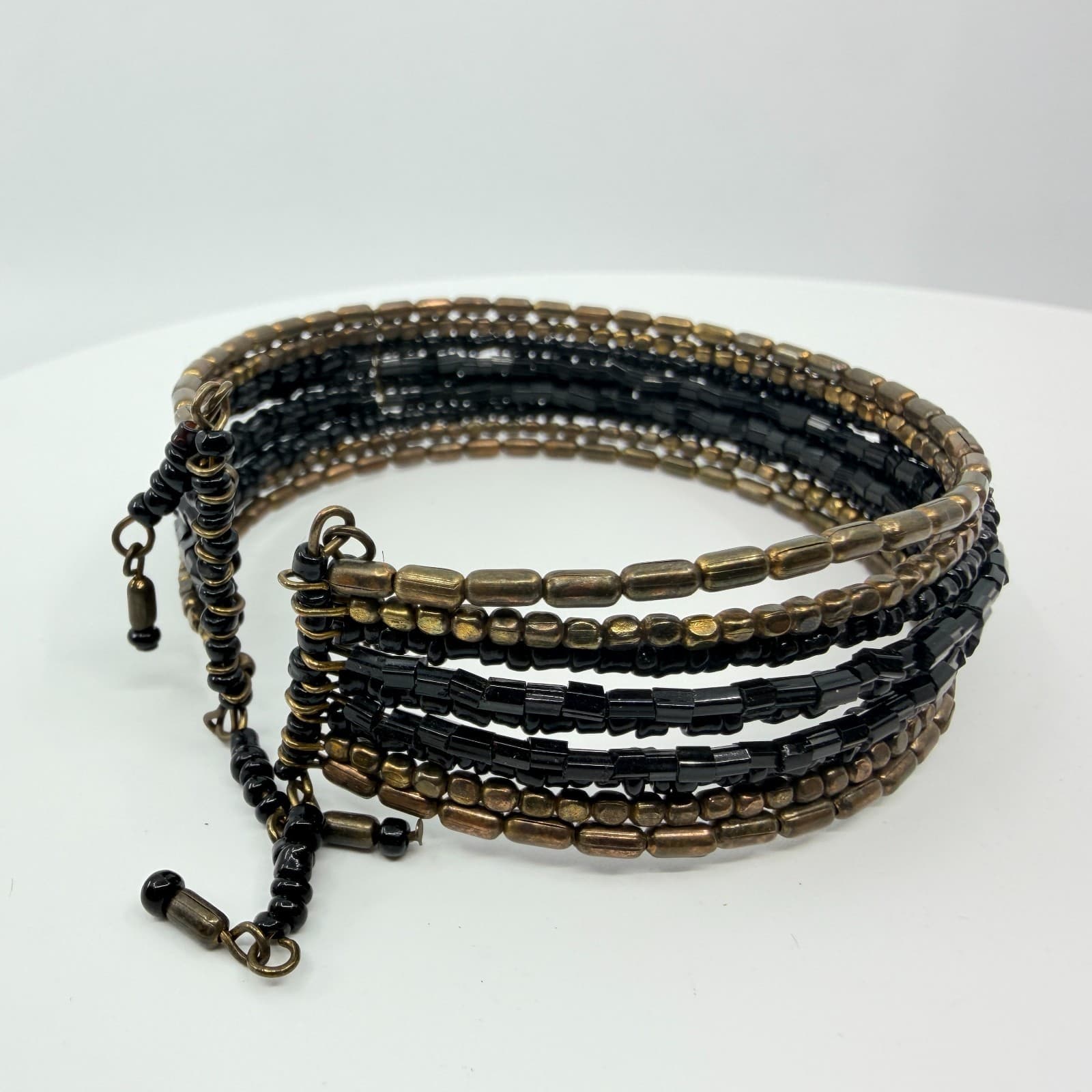 Vintage Y2K Gothic Black Seed Bead Bronze Multi Strand Wide Cuff Bracelet Retro - Thumbnail 6