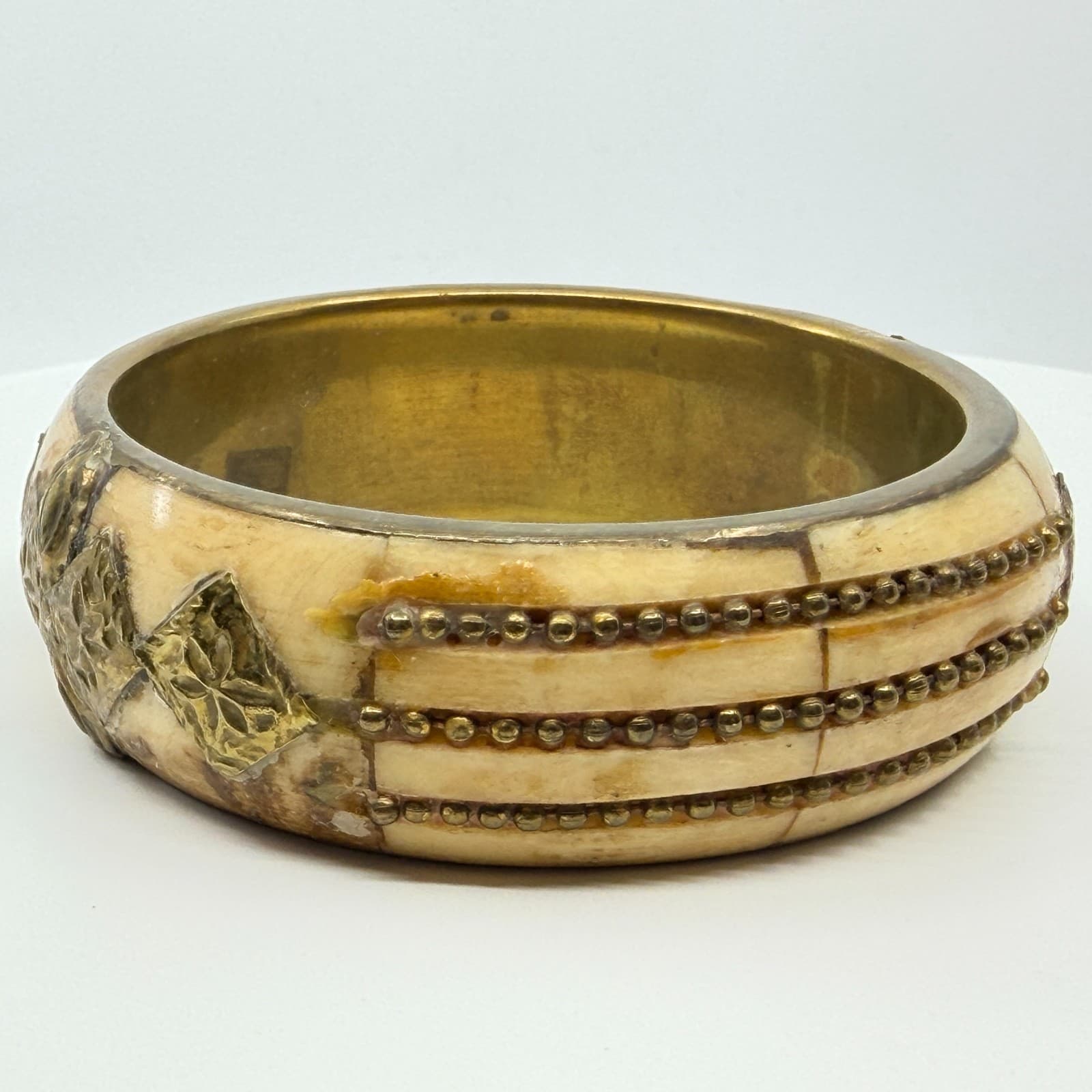 Vintage Brass Tone and Faux Bone Bangle Bracelet Cream Mixed Metal Ethnic Wide - Thumbnail 7