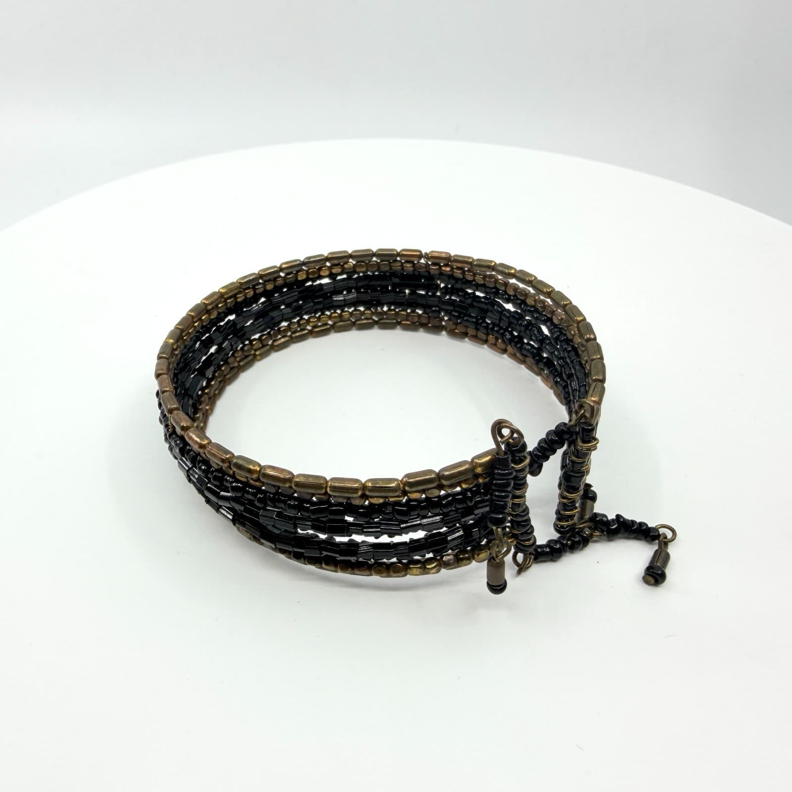 Vintage Y2K Gothic Black Seed Bead Bronze Multi Strand Wide Cuff Bracelet Retro - Thumbnail 2