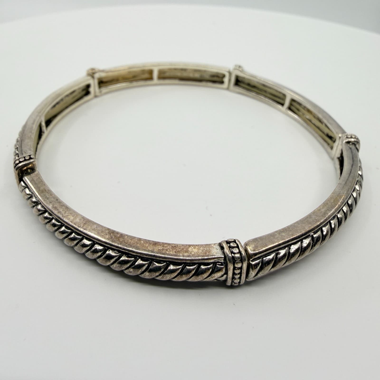 Vintage Silver Tone Twisted Cable Segmented Stretch Bangle Bracelet Boho Classic - Thumbnail 2