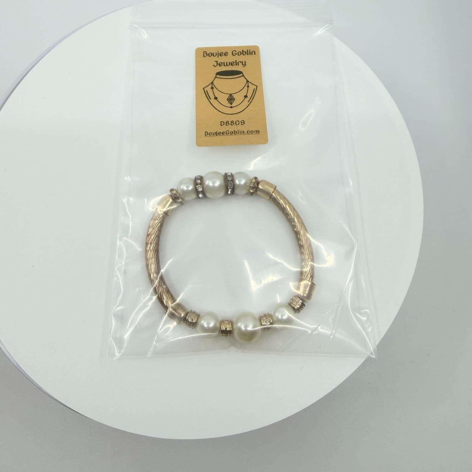 Vintage Faux Pearl Textured Cable Stretch Bracelet Gold Tone Rhinestone Accent - Thumbnail 9