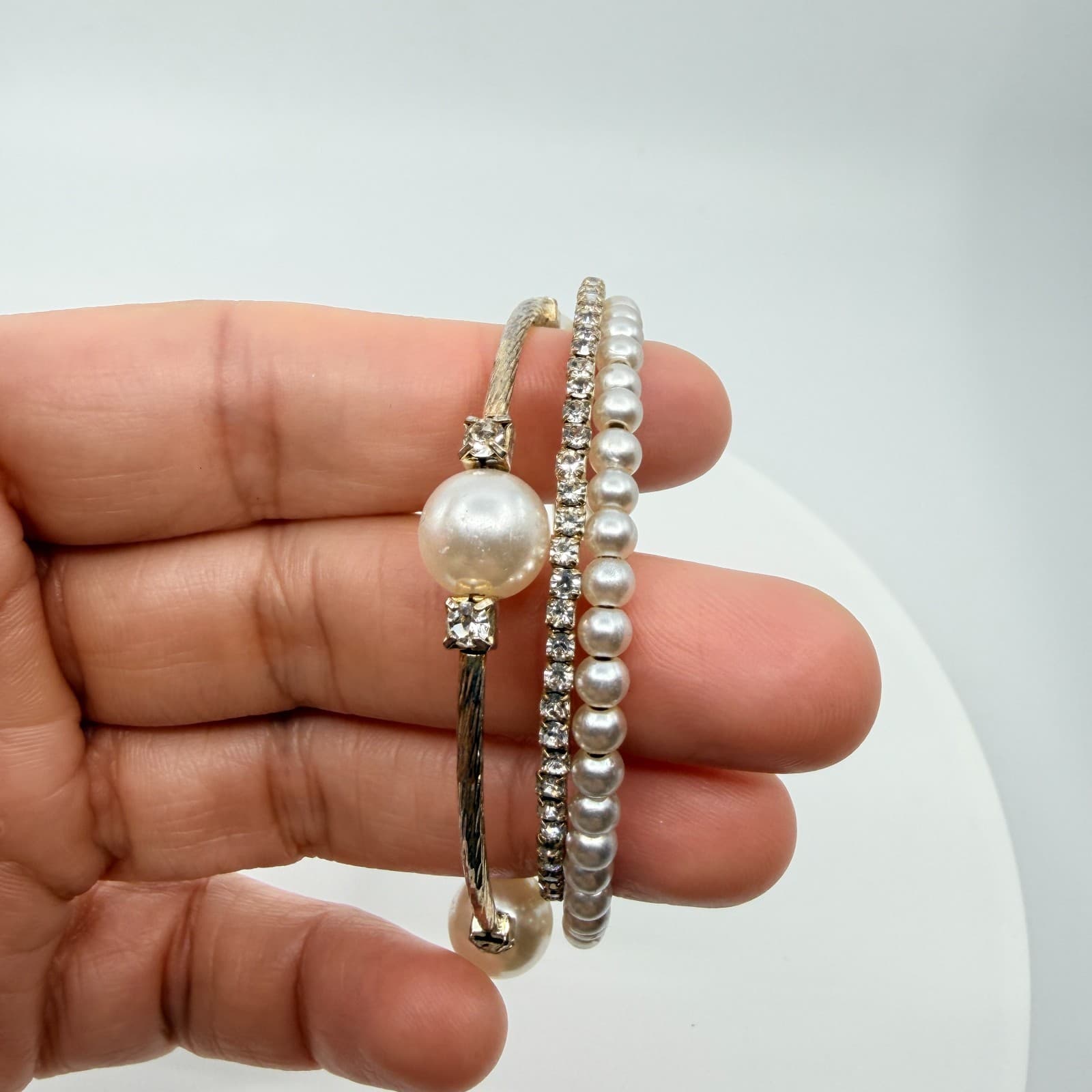 Vintage Faux Pearl Rhinestone Coil Wrap Bracelet Gold Tone Layered Cuff Retro - Thumbnail 8