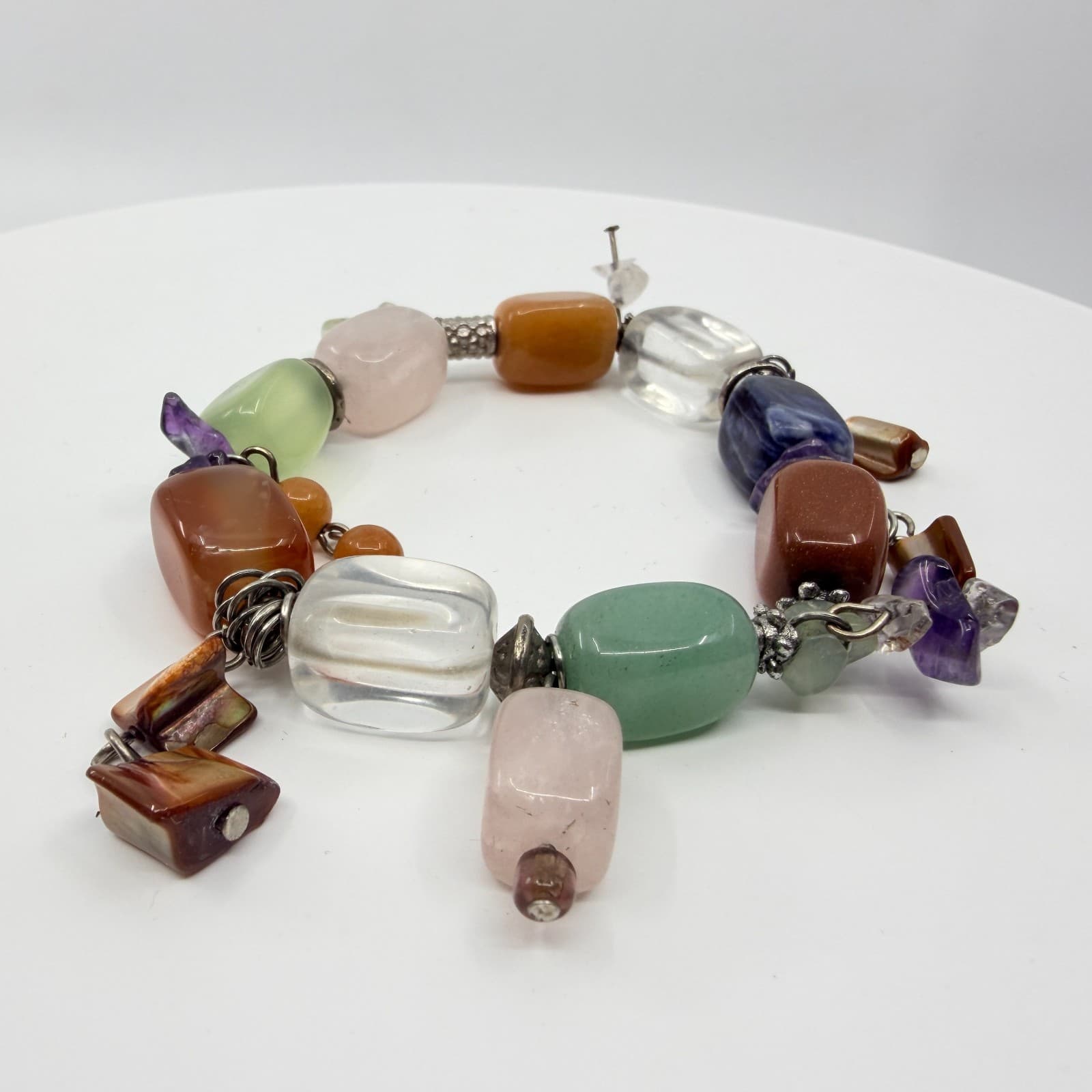 Vintage Boho Chunky Gemstone Link Charm Bracelet Multi Color Quartz Aventurine - Thumbnail 2