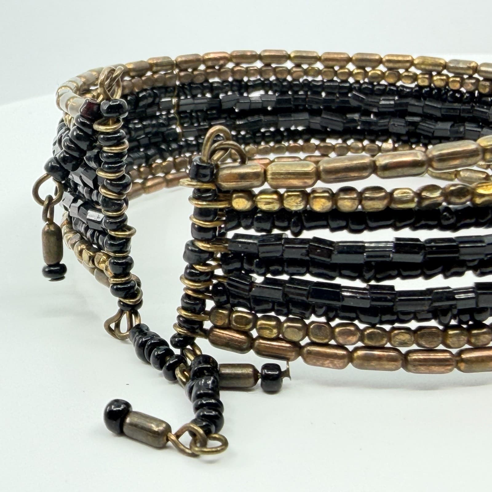 Vintage Y2K Gothic Black Seed Bead Bronze Multi Strand Wide Cuff Bracelet Retro - Thumbnail 9
