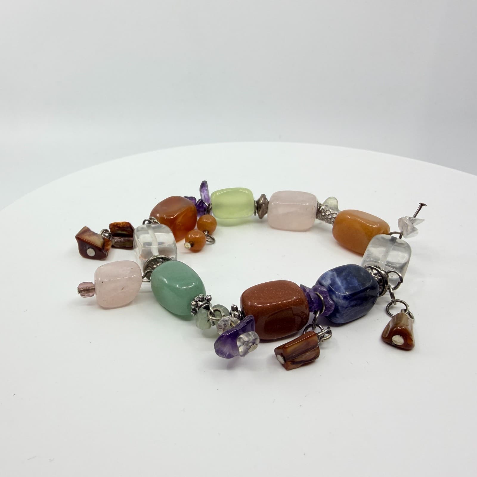 Vintage Boho Chunky Gemstone Link Charm Bracelet Multi Color Quartz Aventurine - Thumbnail 3