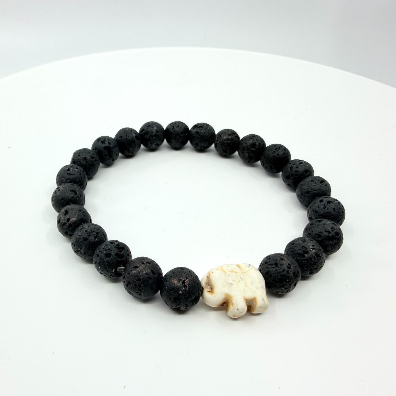 Vintage Black Lava Rock Bead Stretch Bracelet White Howlite Elephant Boho Retro - Thumbnail 2