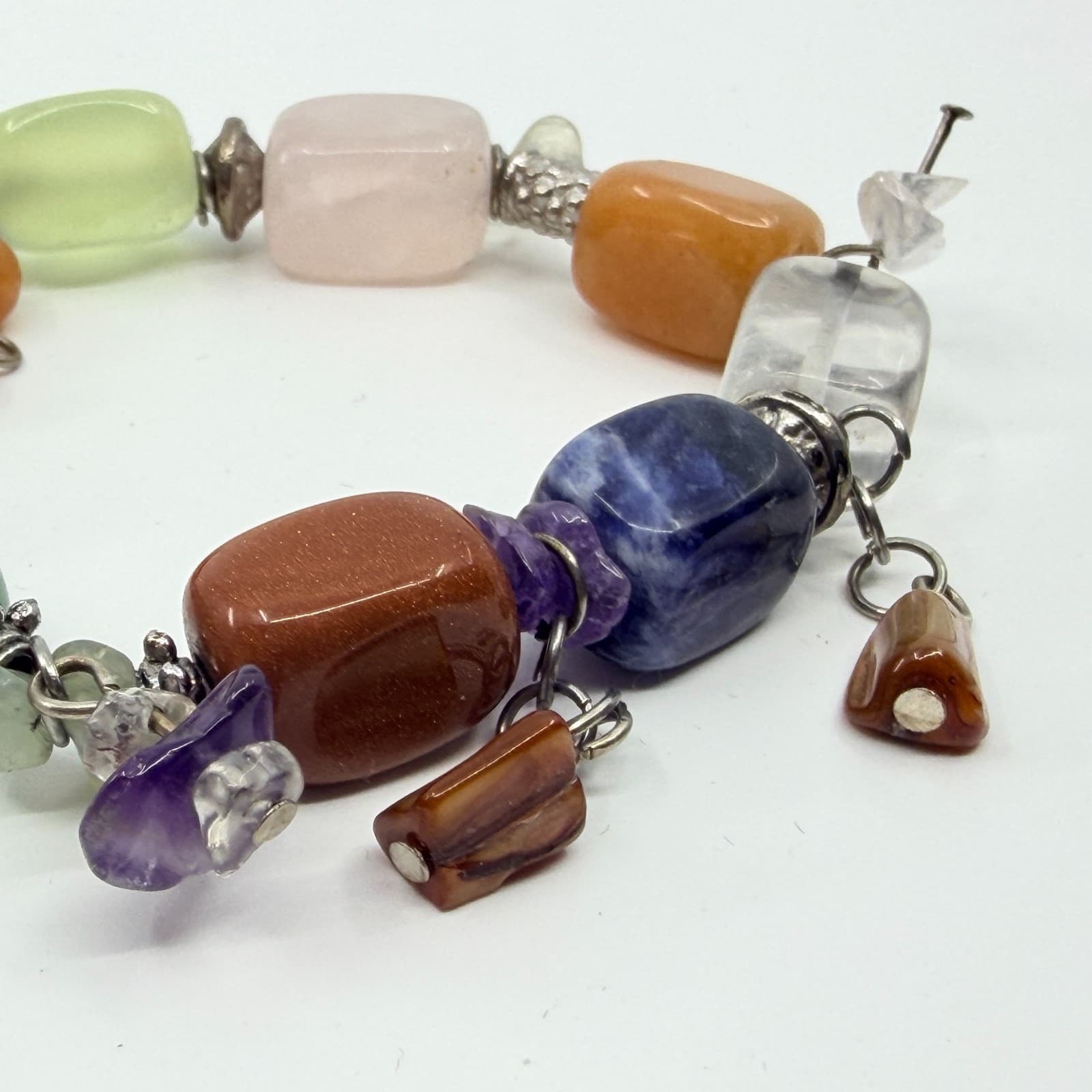Vintage Boho Chunky Gemstone Link Charm Bracelet Multi Color Quartz Aventurine - Thumbnail 5