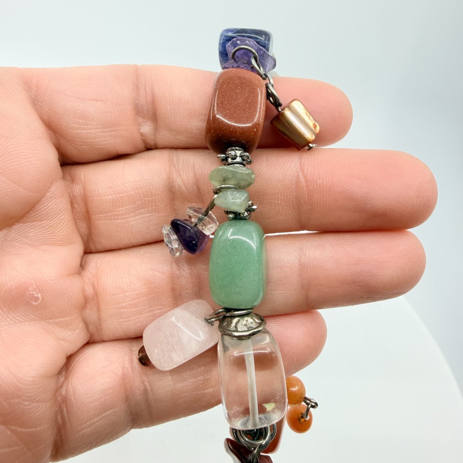 Vintage Boho Chunky Gemstone Link Charm Bracelet Multi Color Quartz Aventurine - Thumbnail 7