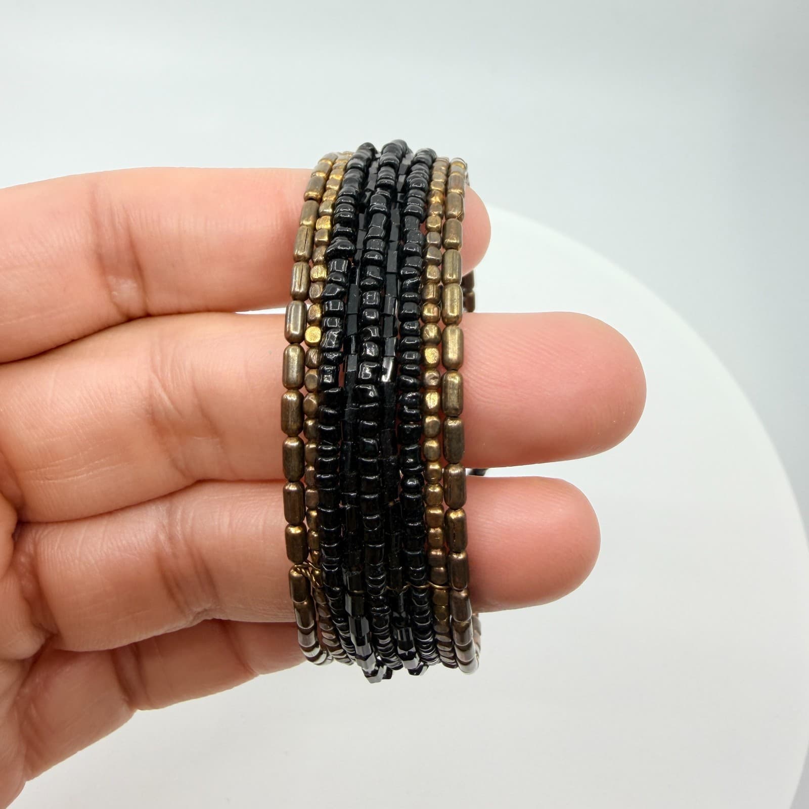 Vintage Y2K Gothic Black Seed Bead Bronze Multi Strand Wide Cuff Bracelet Retro - Thumbnail 10