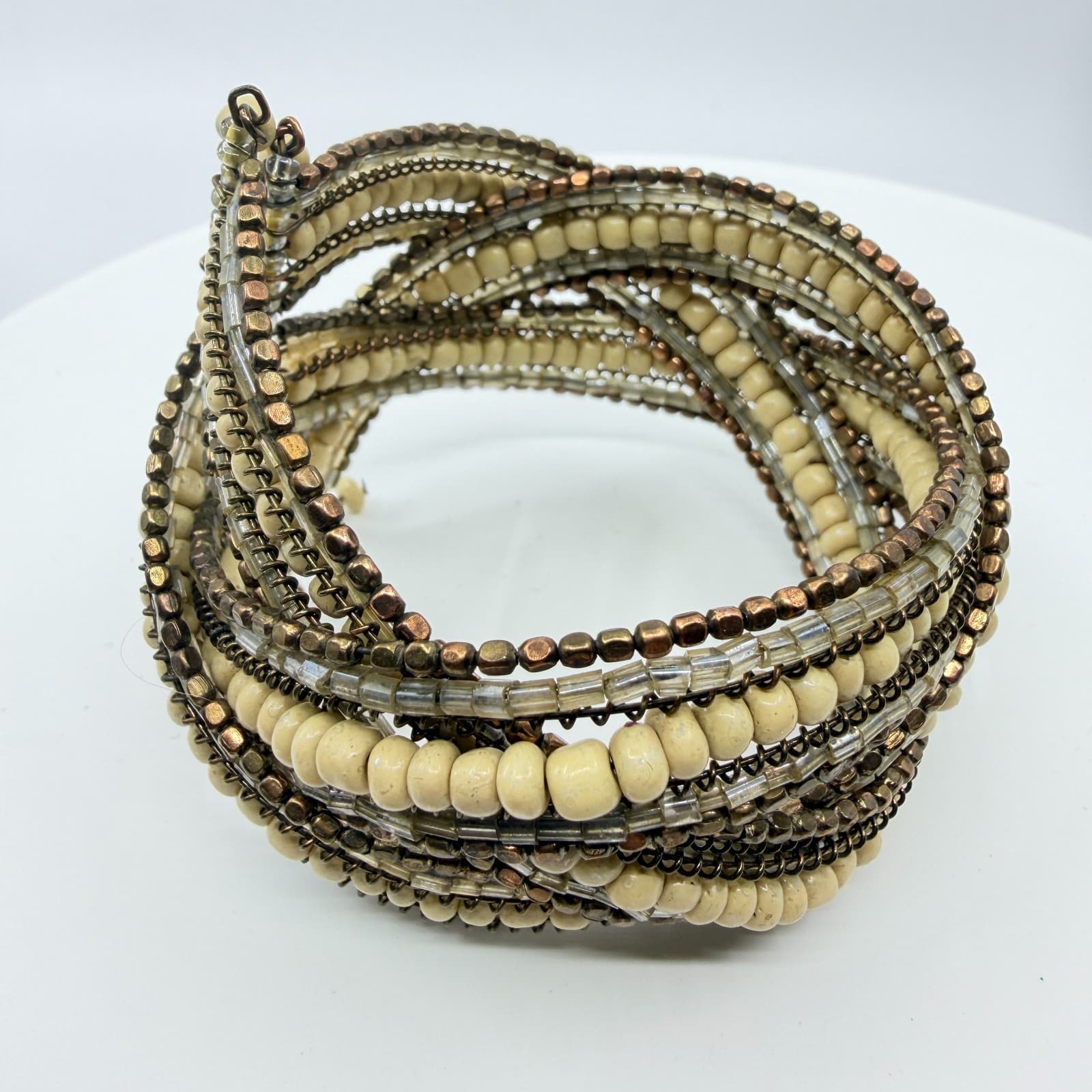 Vintage Multi Strand Beaded Cuff Bracelet Cream Bronze Tone Layered Statement - Thumbnail 3