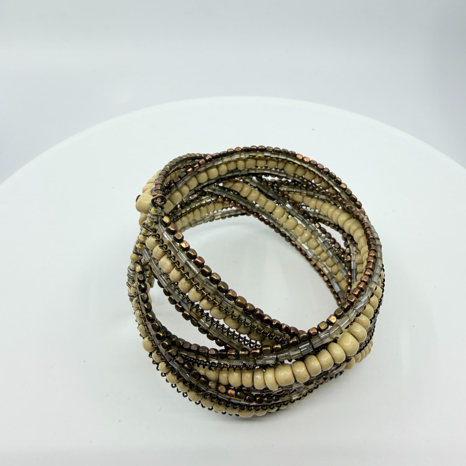 Vintage Multi Strand Beaded Cuff Bracelet Cream Bronze Tone Layered Statement - Thumbnail 6