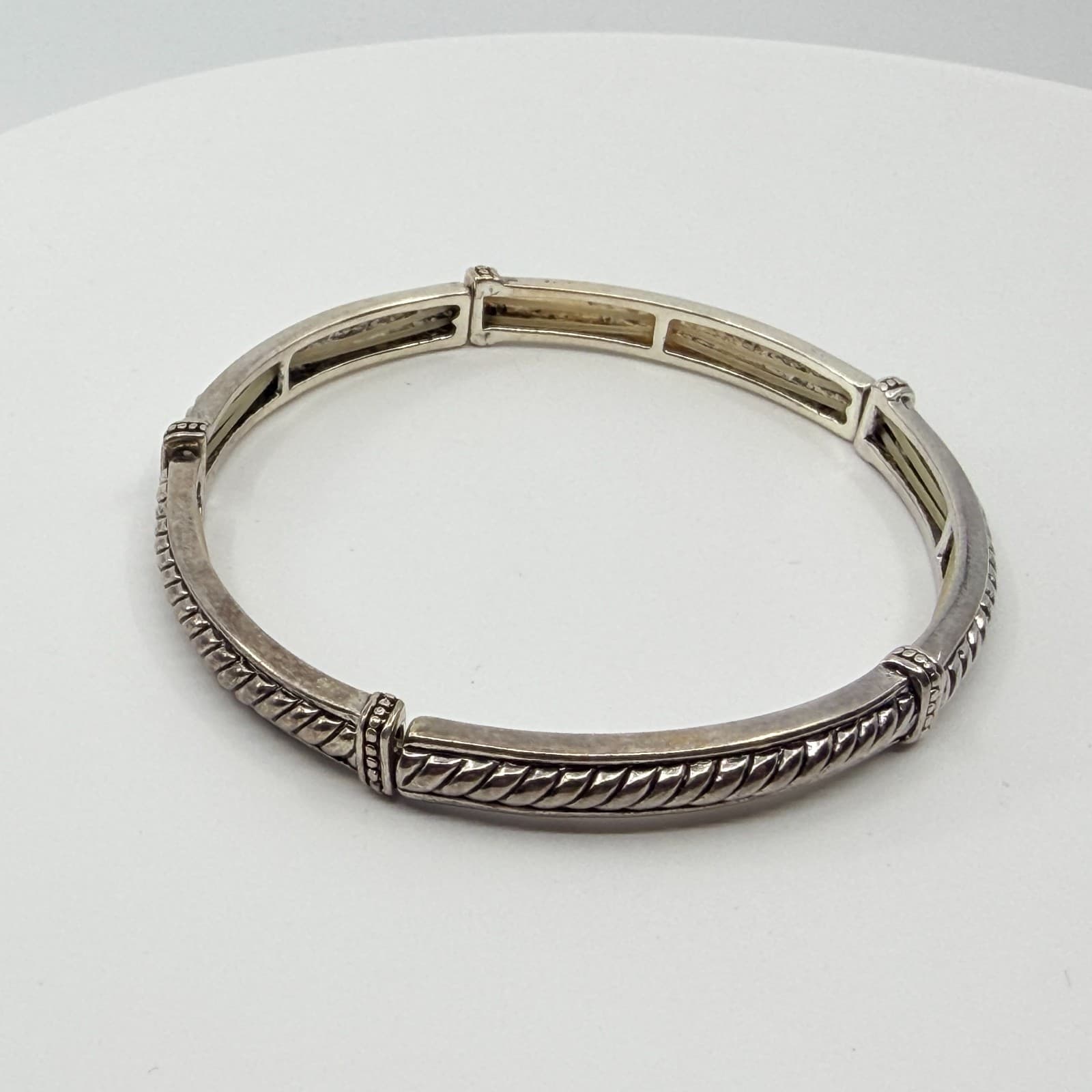 Vintage Silver Tone Twisted Cable Segmented Stretch Bangle Bracelet Boho Classic - Thumbnail 7