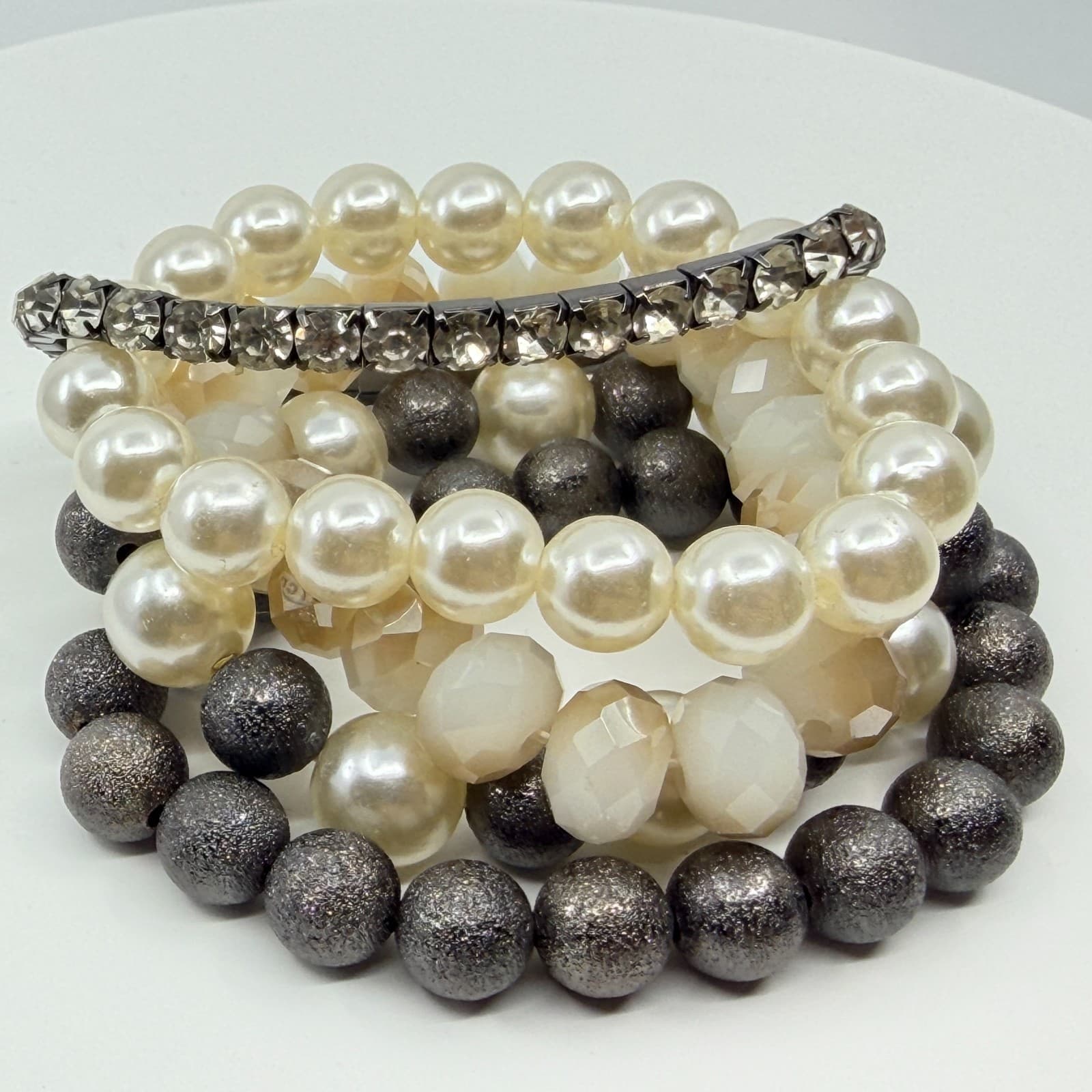 VTG Faux Pearl Rhinestone Stacked Multi Strand Stretch Bracelet Set Cream Grey - Thumbnail 4
