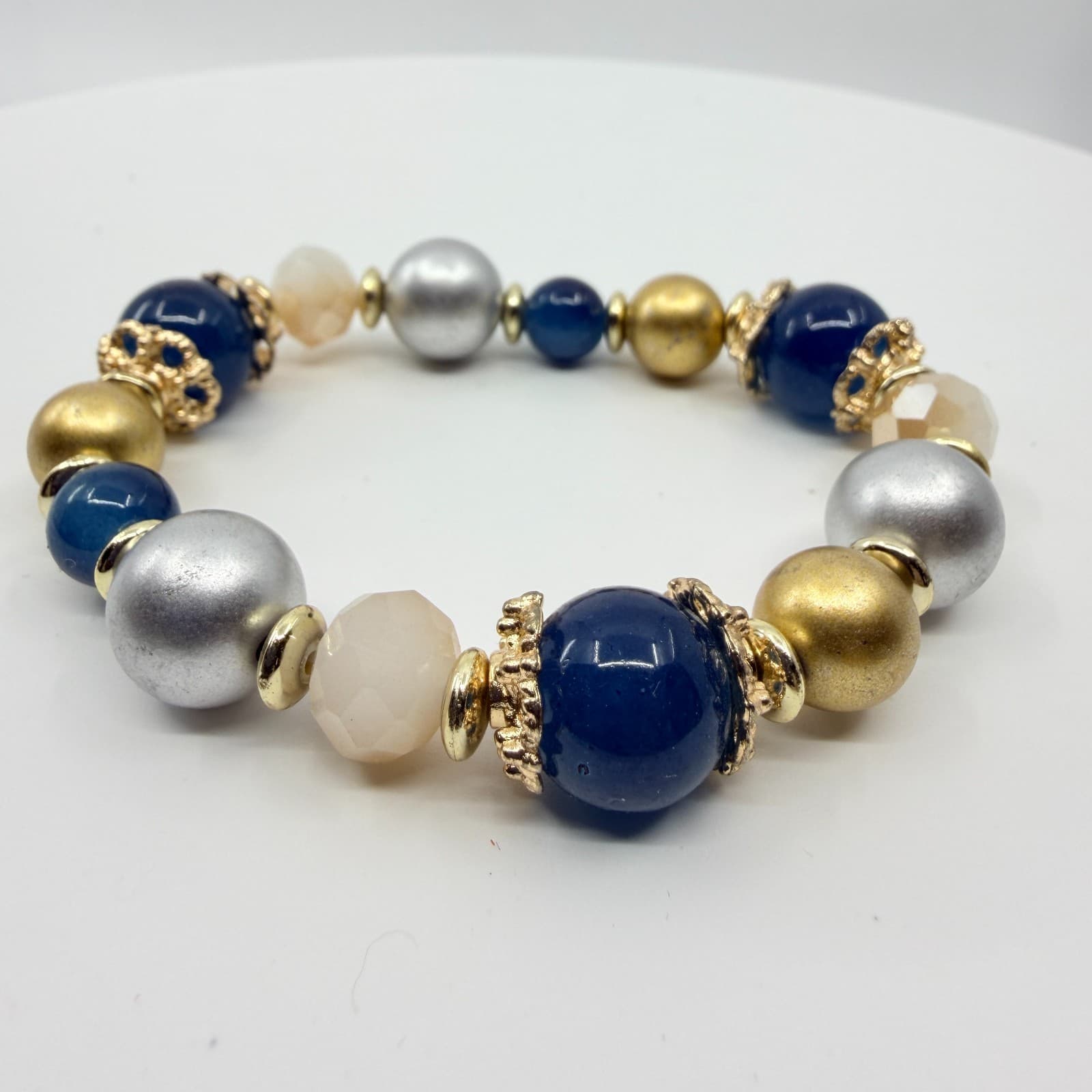 VTG Multi Bead Stretch Bracelet Gold & Silver Tone Blue Chunky Statement Jewelry - Thumbnail 2