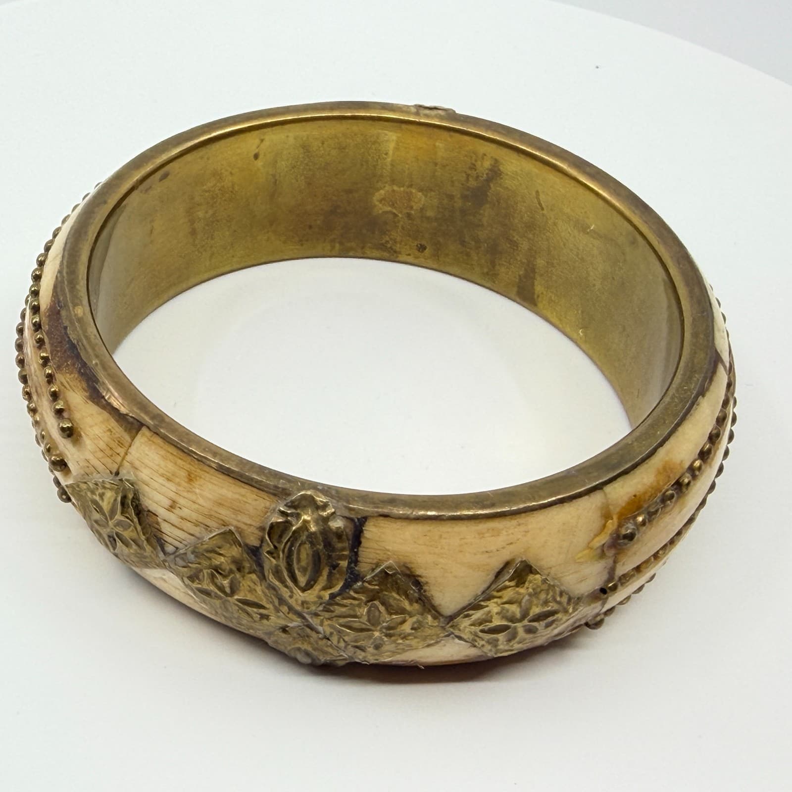 Vintage Brass Tone and Faux Bone Bangle Bracelet Cream Mixed Metal Ethnic Wide - Thumbnail 6