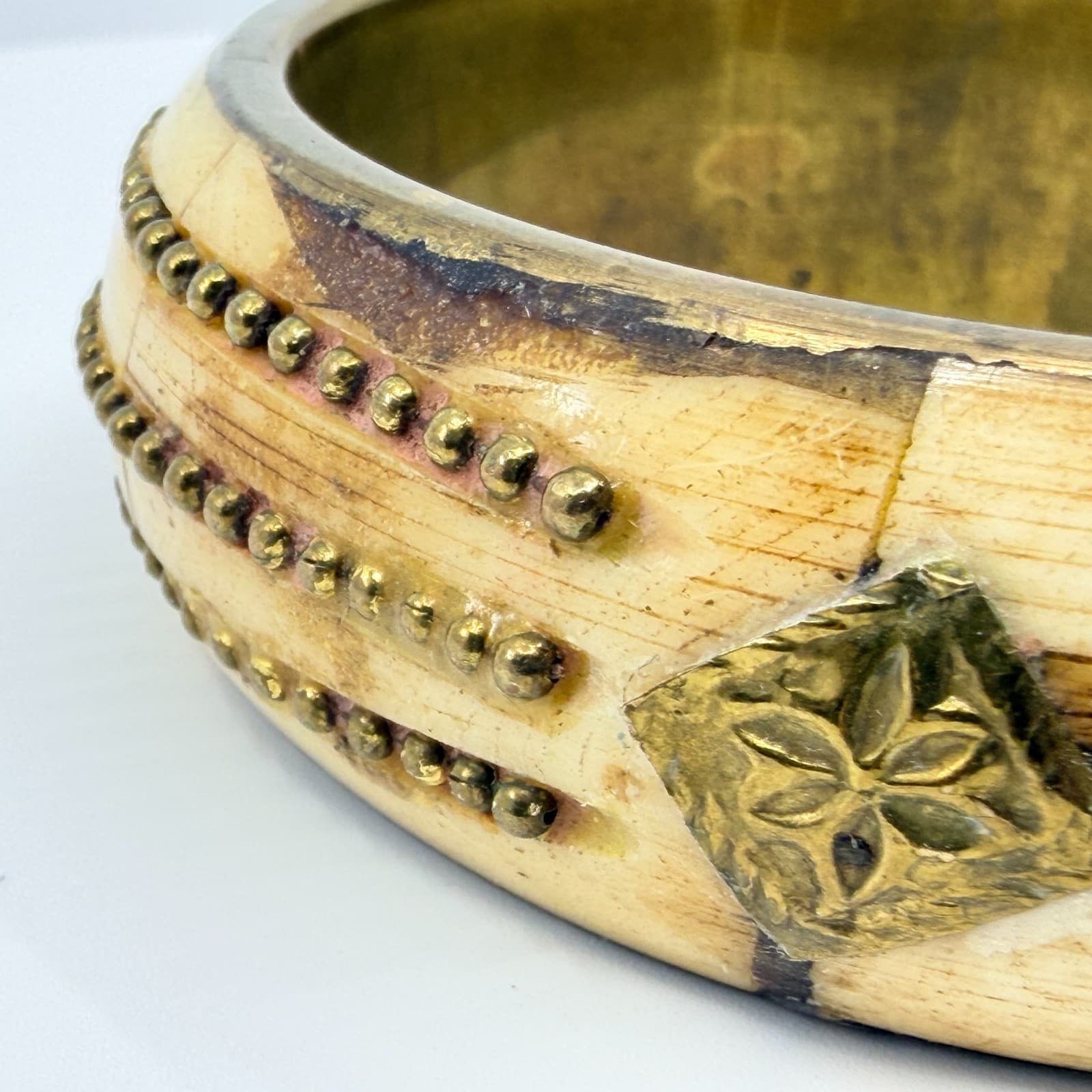 Vintage Brass Tone and Faux Bone Bangle Bracelet Cream Mixed Metal Ethnic Wide - Thumbnail 3