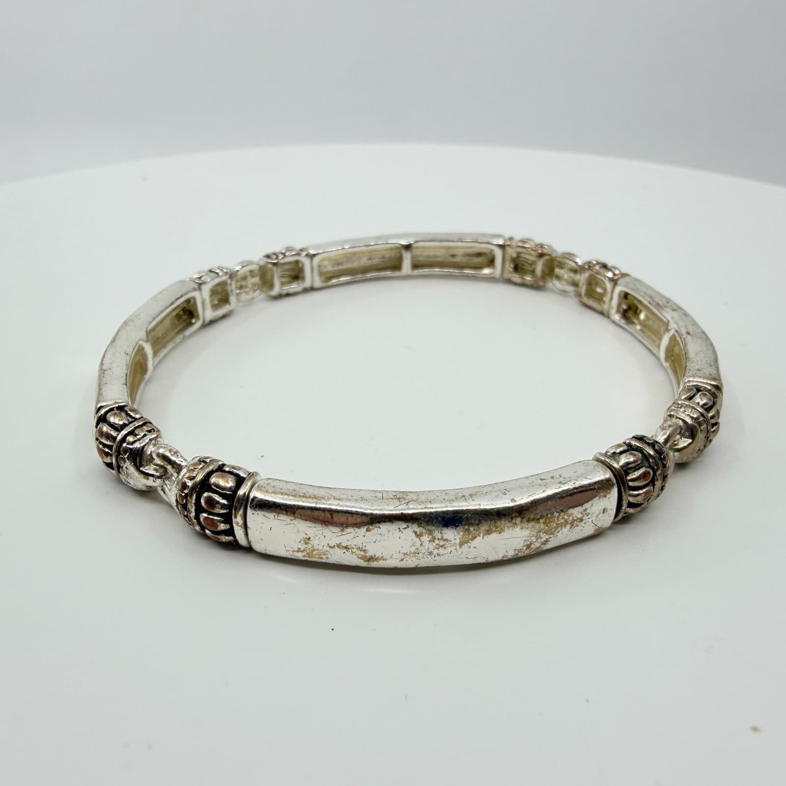 Vintage Silver Tone Stretch Link Bracelet Distressed Balinese Style Stackable - Thumbnail 3