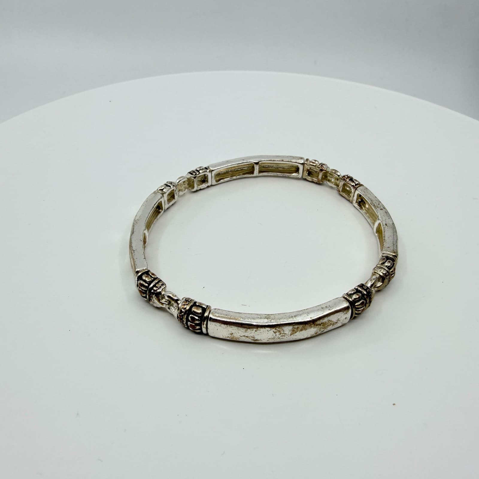 Vintage Silver Tone Stretch Link Bracelet Distressed Balinese Style Stackable - Thumbnail 2