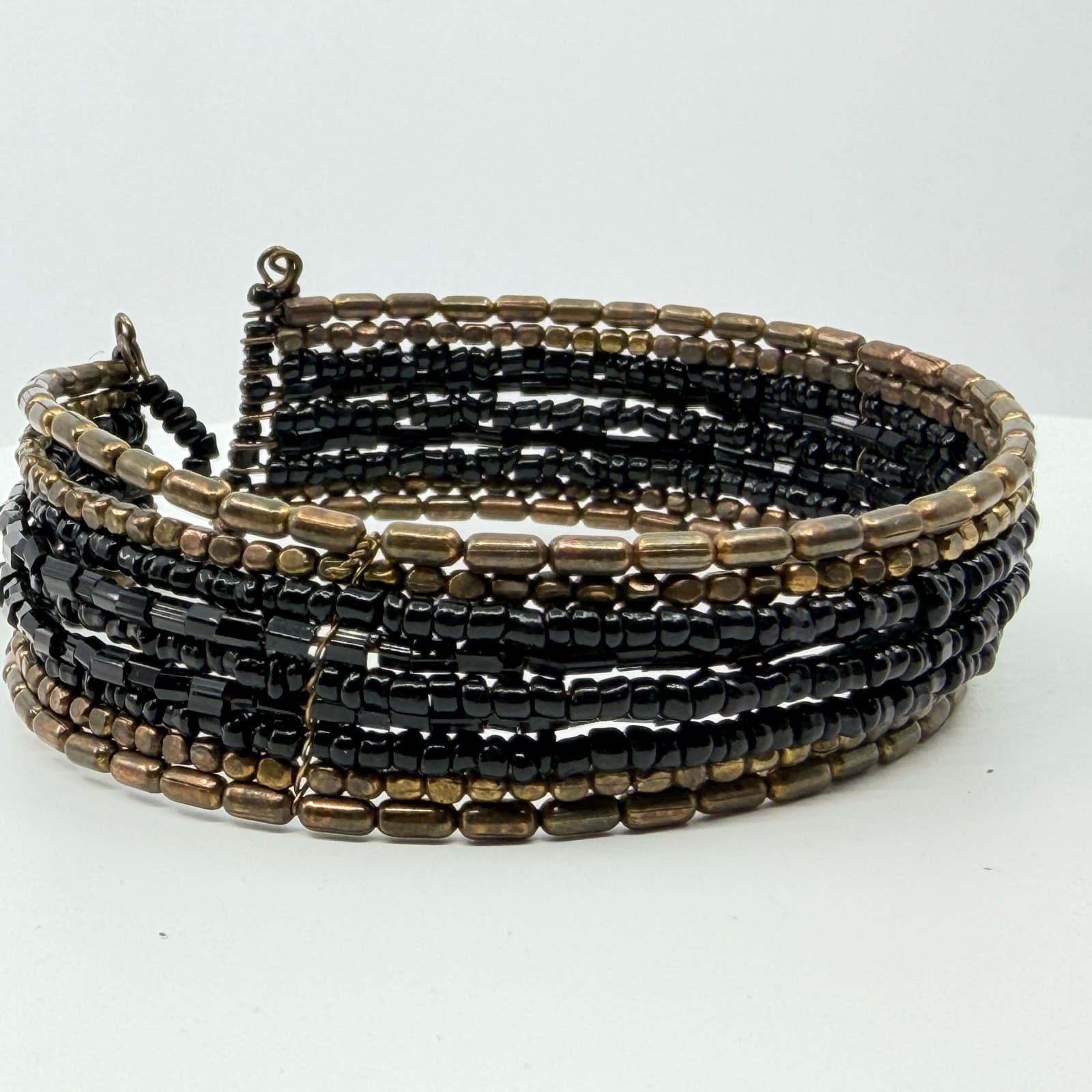 Vintage Y2K Gothic Black Seed Bead Bronze Multi Strand Wide Cuff Bracelet Retro - Thumbnail 8