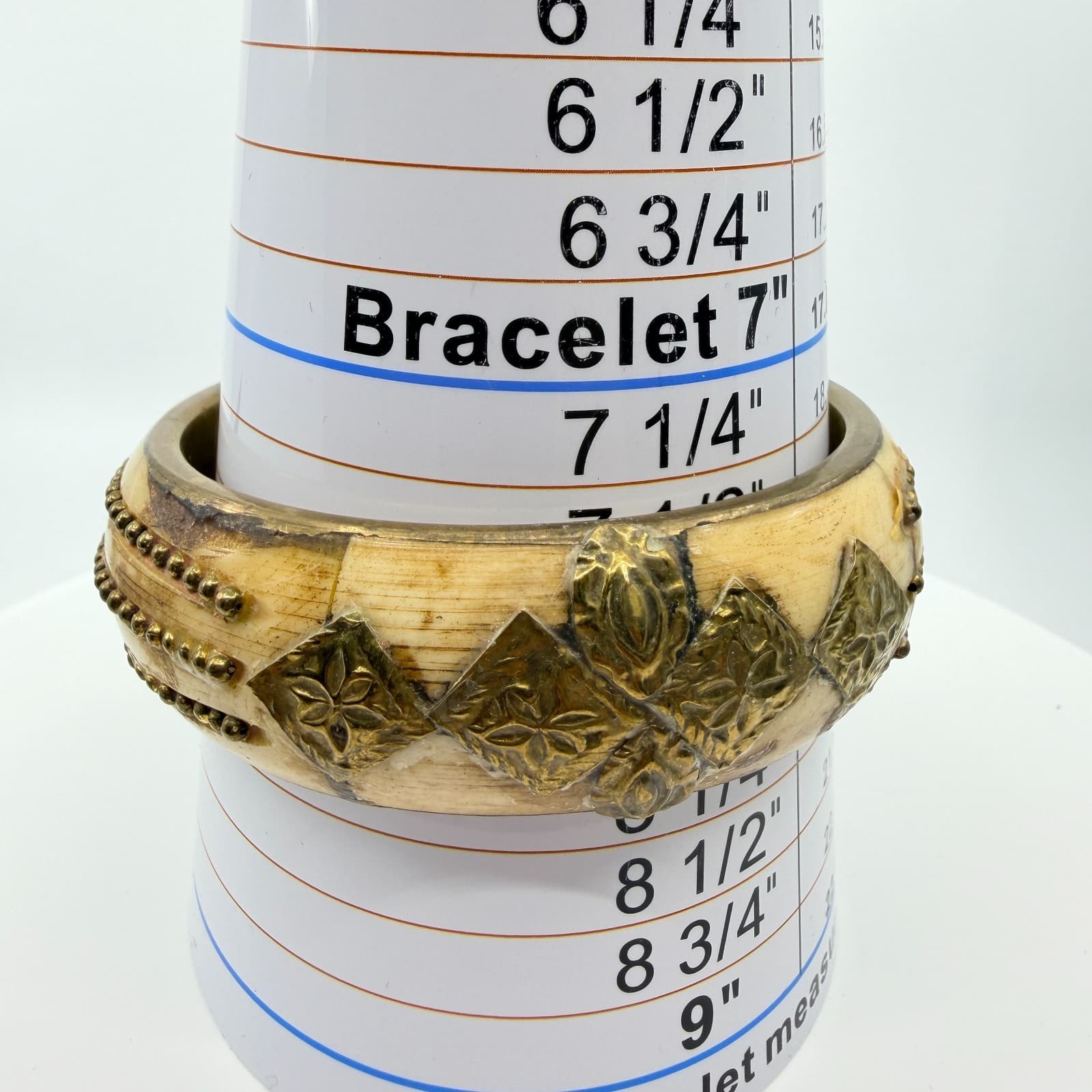 Vintage Brass Tone and Faux Bone Bangle Bracelet Cream Mixed Metal Ethnic Wide - Thumbnail 10
