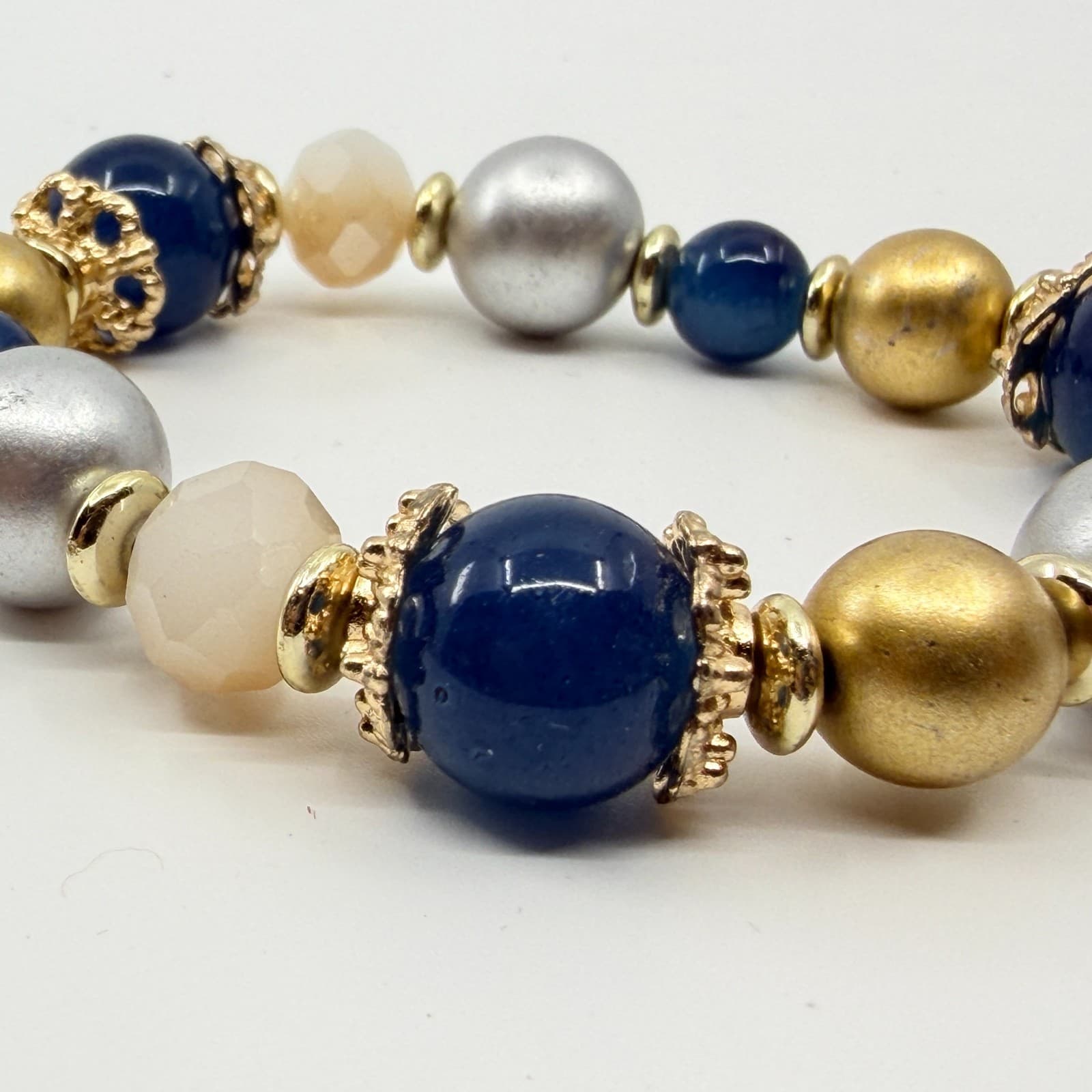 VTG Multi Bead Stretch Bracelet Gold & Silver Tone Blue Chunky Statement Jewelry - Thumbnail 6
