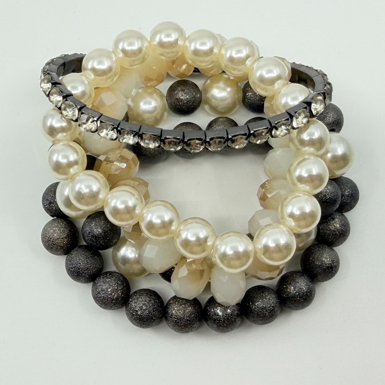 VTG Faux Pearl Rhinestone Stacked Multi Strand Stretch Bracelet Set Cream Grey - Thumbnail 5
